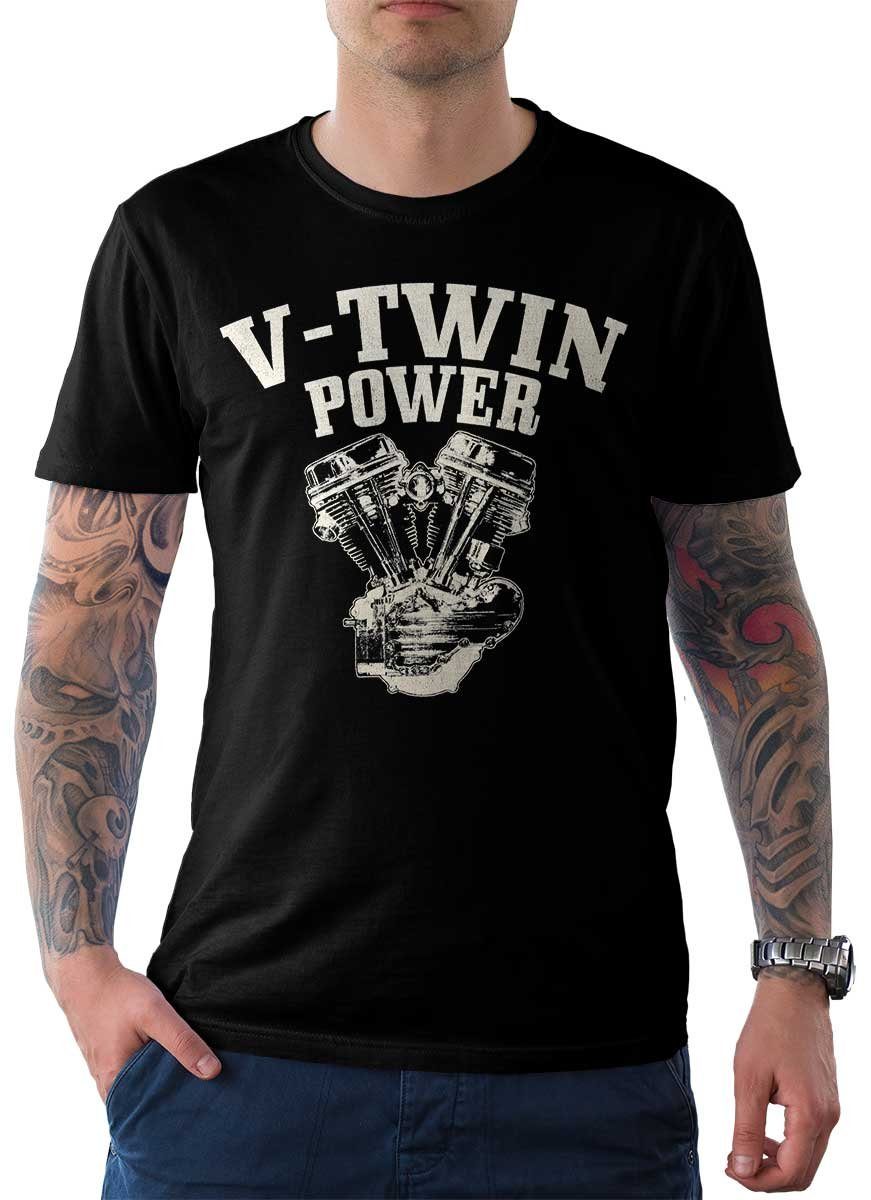 Rebel On Wheels T-Shirt Herren T-Shirt Tee V-Twin Power mit Biker / Motorrad Motiv Schwarz