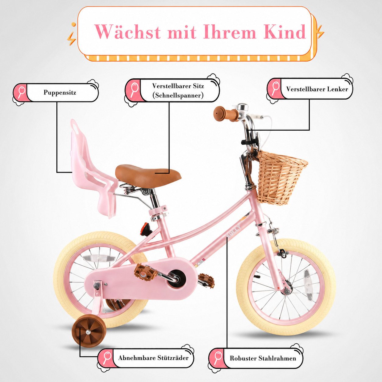 RULLY Kinderfahrrad Mädchen Kinderfahrrad 12/14/16/18/20 Zoll, 2–13 Jahre, mit Stützrädern, 1 Gang, Inkl. Korb, Puppensitz, Stützrädern, Schutzblech & Klingel