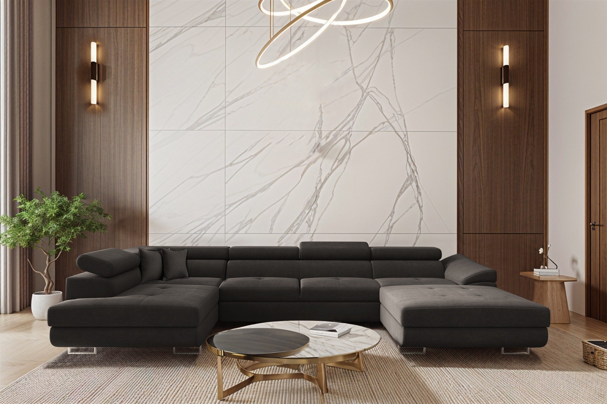 Fun Möbel Wohnlandschaft FUN ALEXIS Sofa mit Schlaffunktion und Ottomane Velourstoff Nova, mit Bettkasten, Rücken echt bezogen