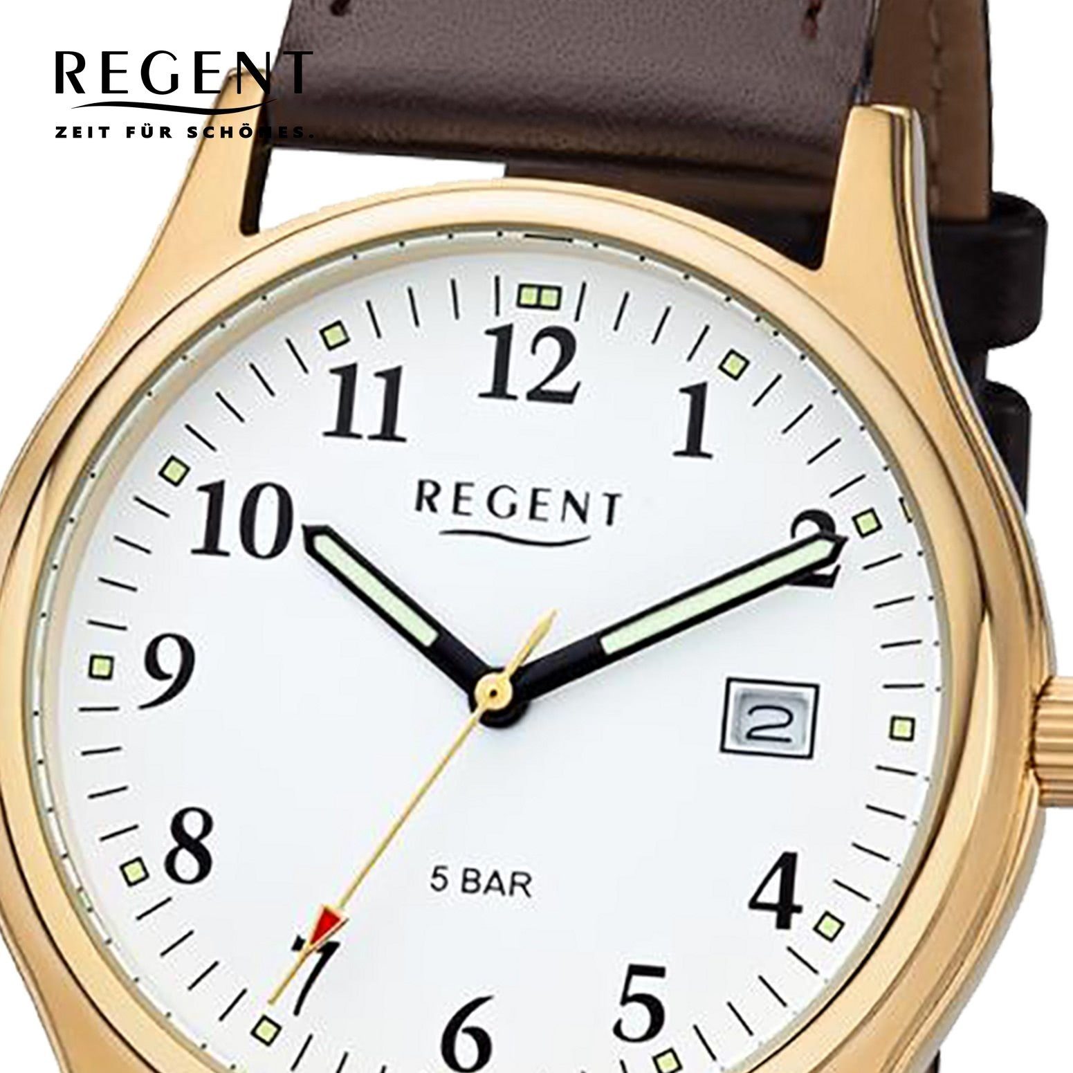 mittel Armbanduhr braun 37mm), Regent Herren (ca. Analog, rund, Herren-Armbanduhr Regent Quarzuhr Lederarmband rot