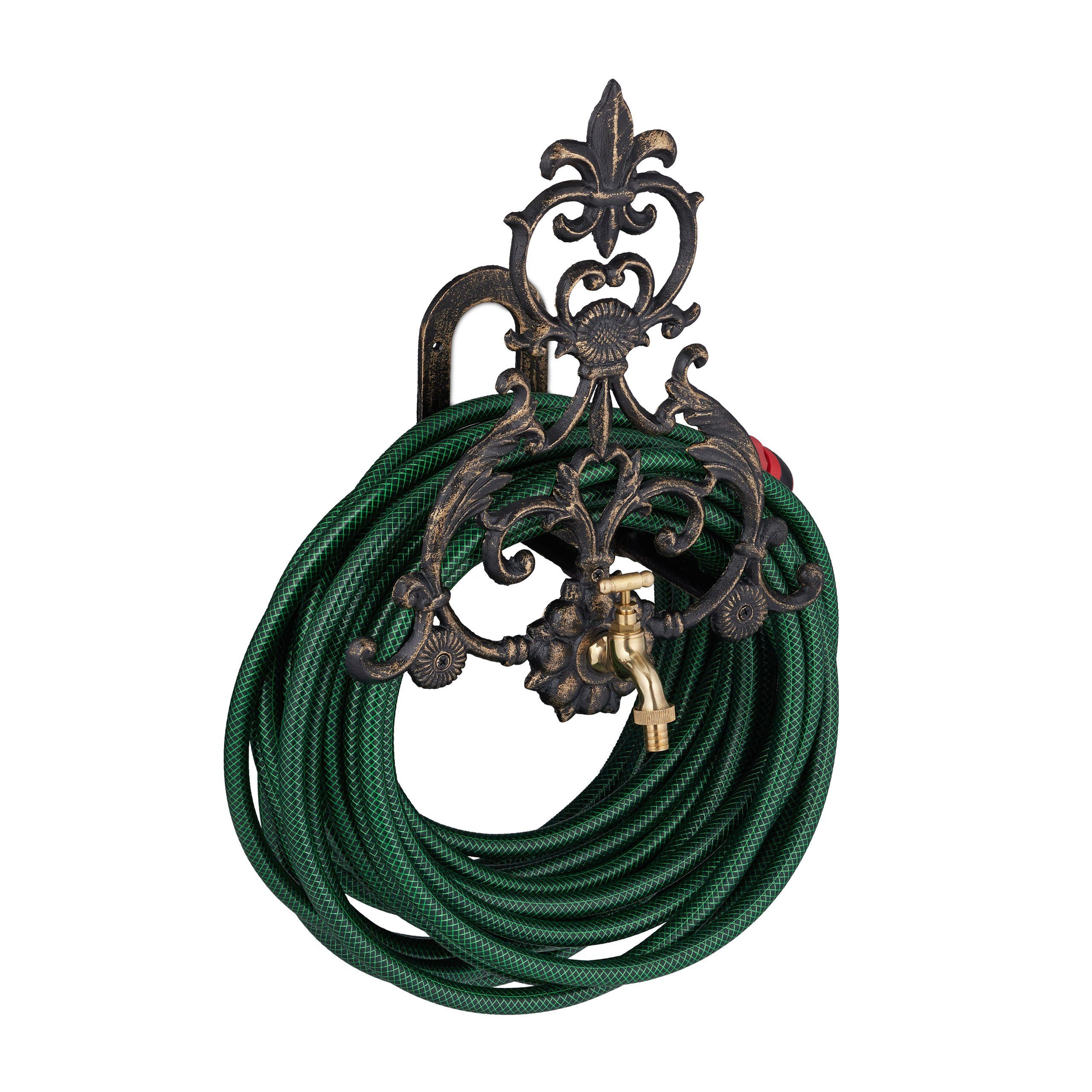 relaxdays Schlauchhalterung Vintage Schlauchhalter mit Wasserhahn, (1-tlg., Bronze)