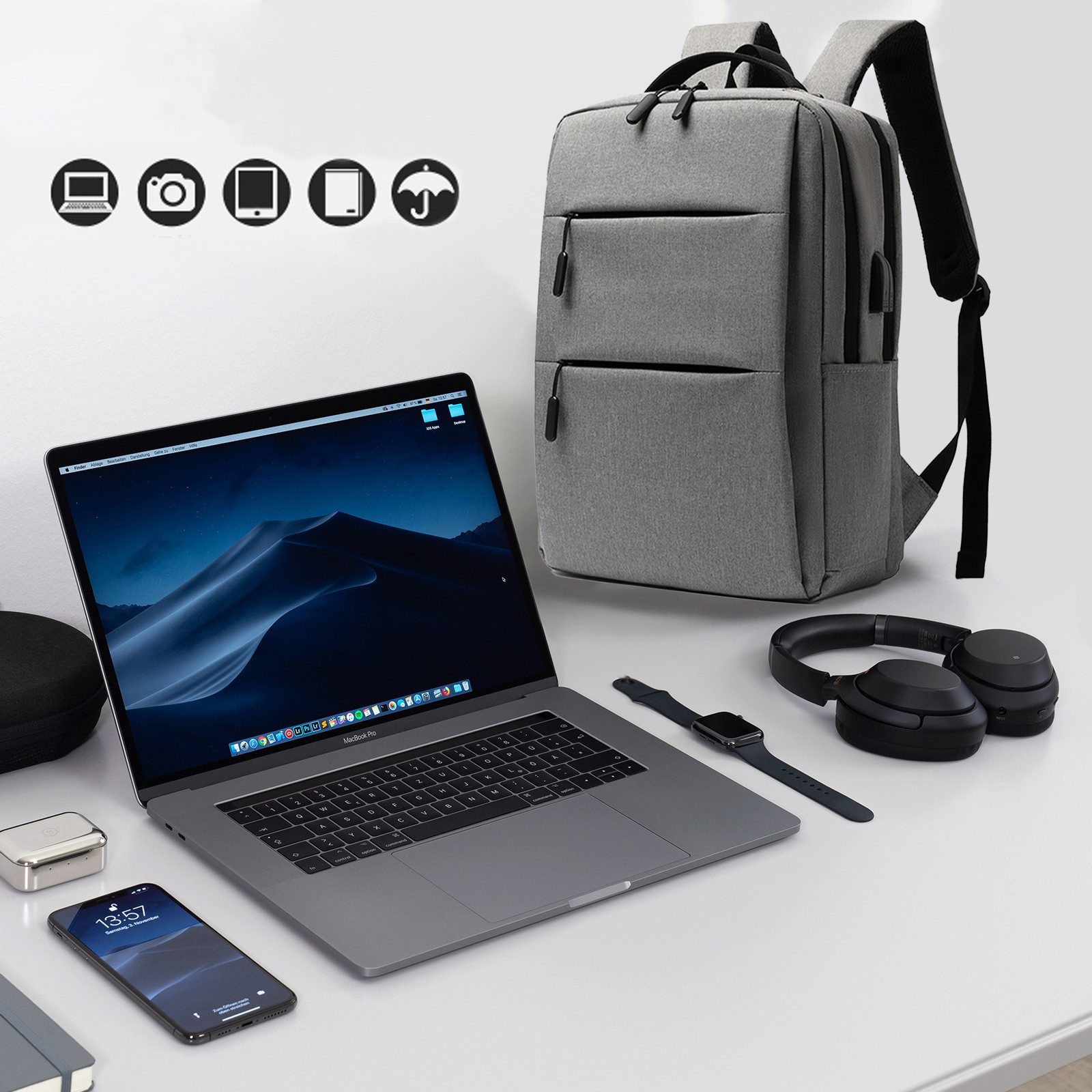 TAN.TOMI Laptoprucksack Rucksack Herren, Wasserdichter Laptop Rucksack 17 Zoll Schulrucksack (mit USB-Ladeanschluss & Wabenförmigem Atmungsaktivem Mesh-Design), Business Rucksack Herren Geeignet für für Studenten, Büroangestellte