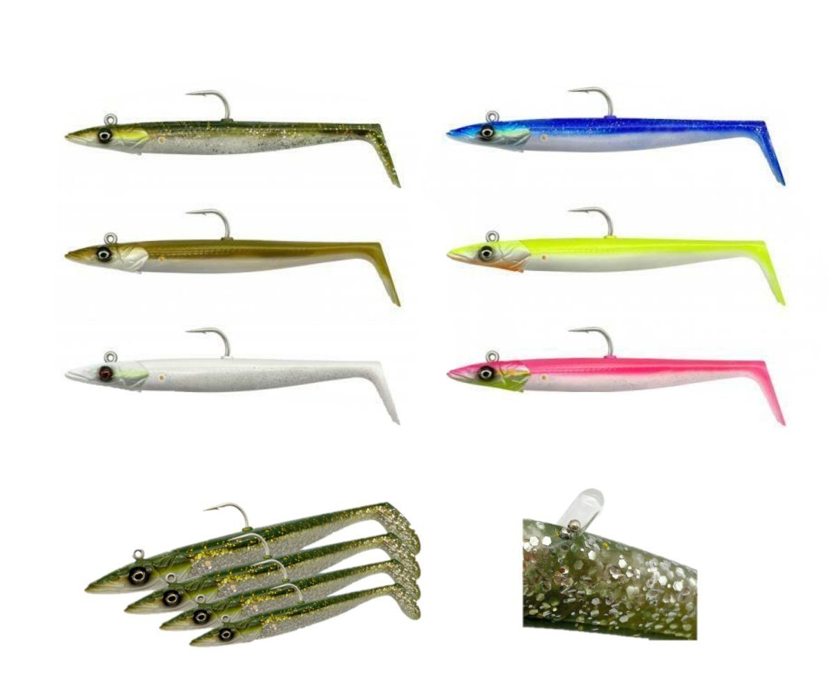 Savage Gear Kunstköder Sandeel V2 2+1 12cm 22g - 18cm 86g Sandaal Gummifisch Meeresköder, (Spar-Set), Der weiche PVC-Körper ist mit einer Glasrassel vormontiert