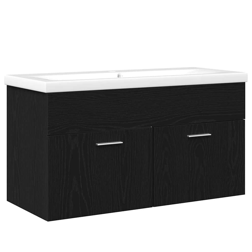 vidaXL Badezimmer-Set Badezimmerschrank Schwarz Eichen-Optik 90 x 38,5 x 46 cm, (1-St)