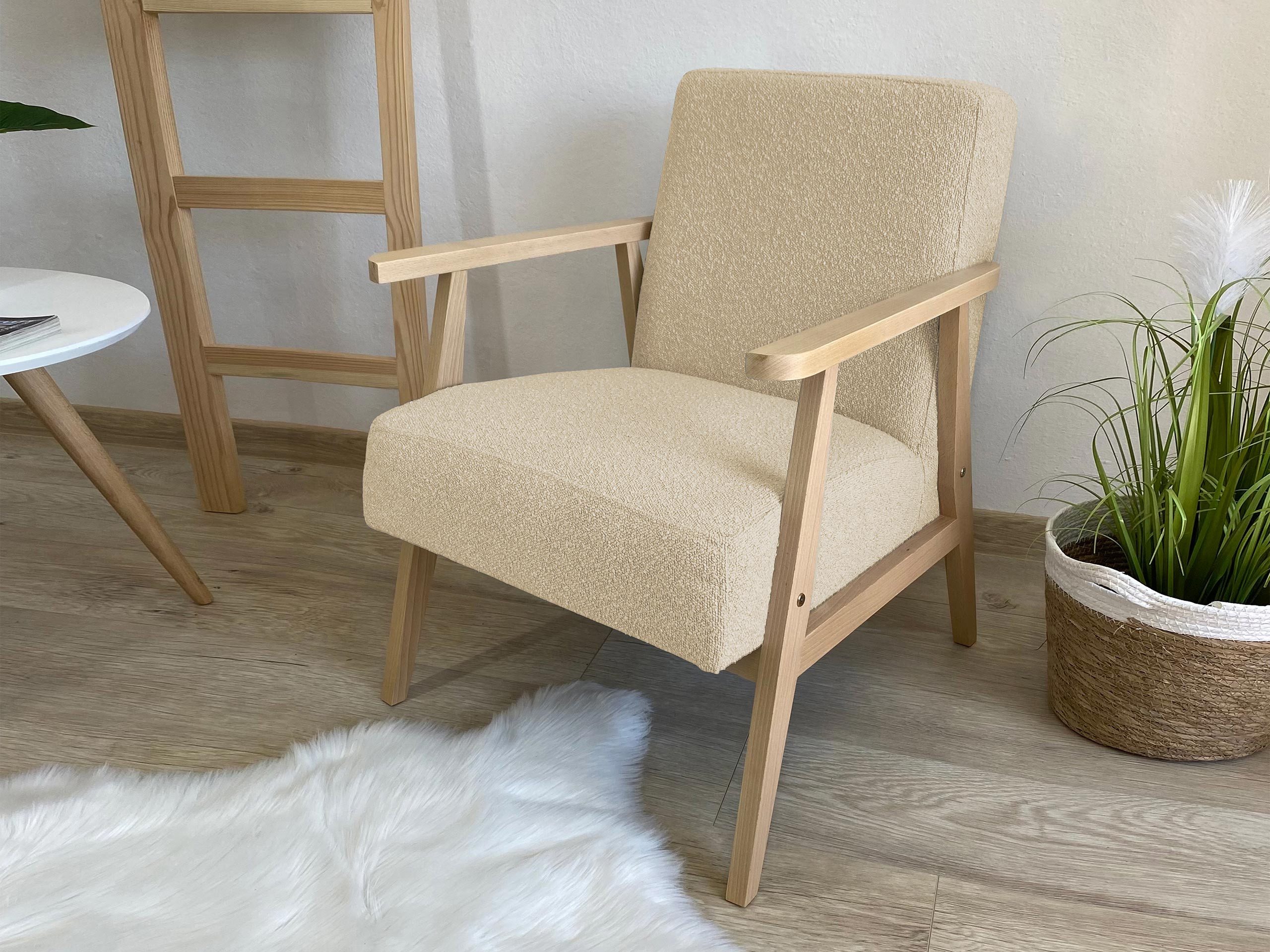 MIRJAN24 Sessel Retro Boucle (mit Wellenfeder), Holzkonstruktion, Freistehender, Armlehnen