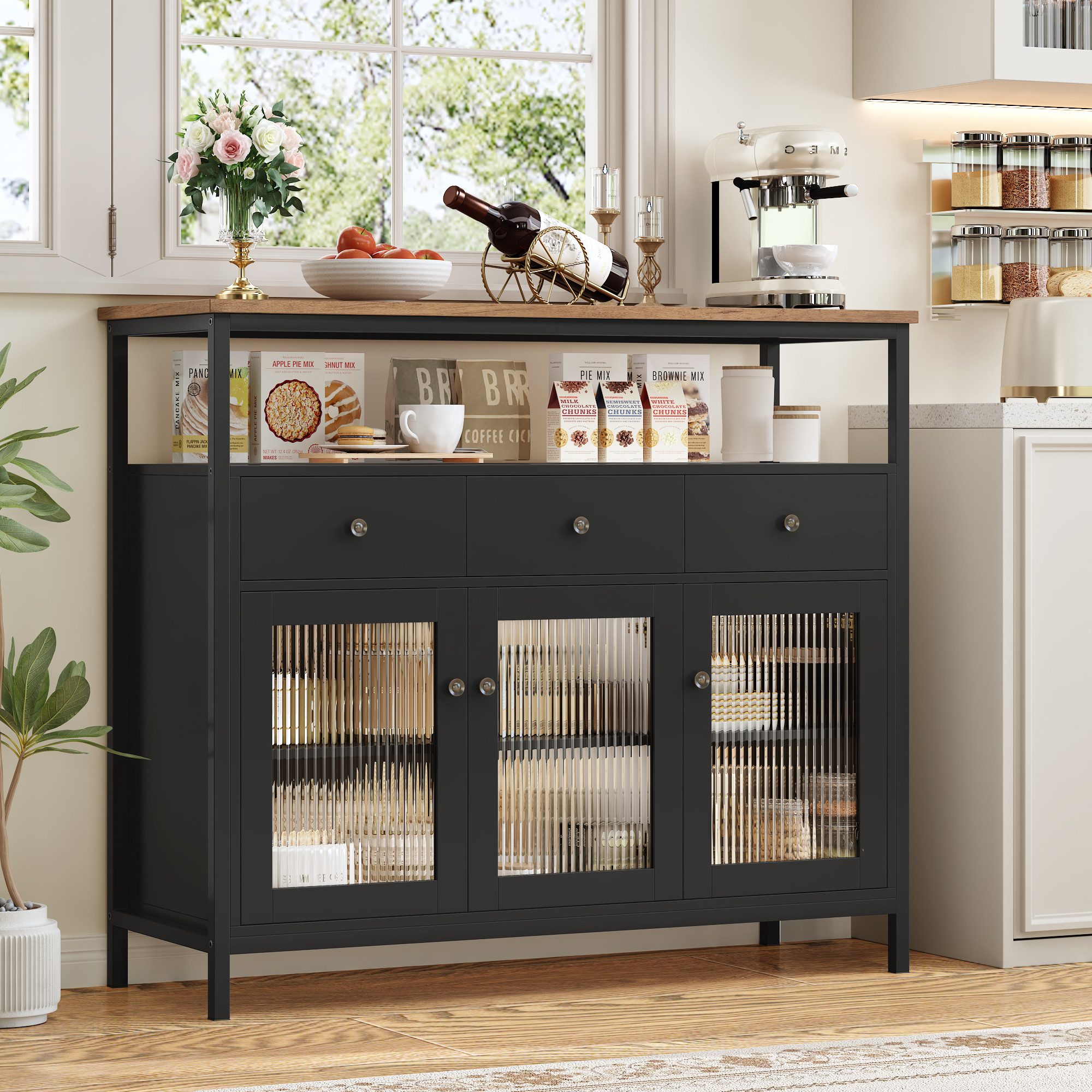 Homfa Sideboard Küchenschrank mit Glastüren und Schubladen, für Küche Wohnz günstig online kaufen