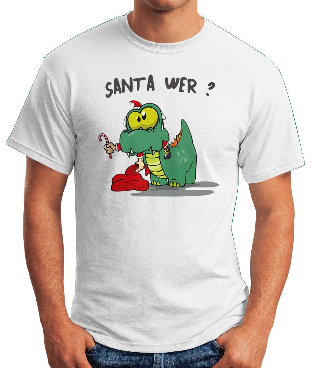 MoonWorks Print-Shirt Herren Santa Spruch Santa Wer? Fun T-Shirt Moonworks® Print Dinosaurier Weihnachtsmann frisst mit Claus Motiv Fun-Shirt
