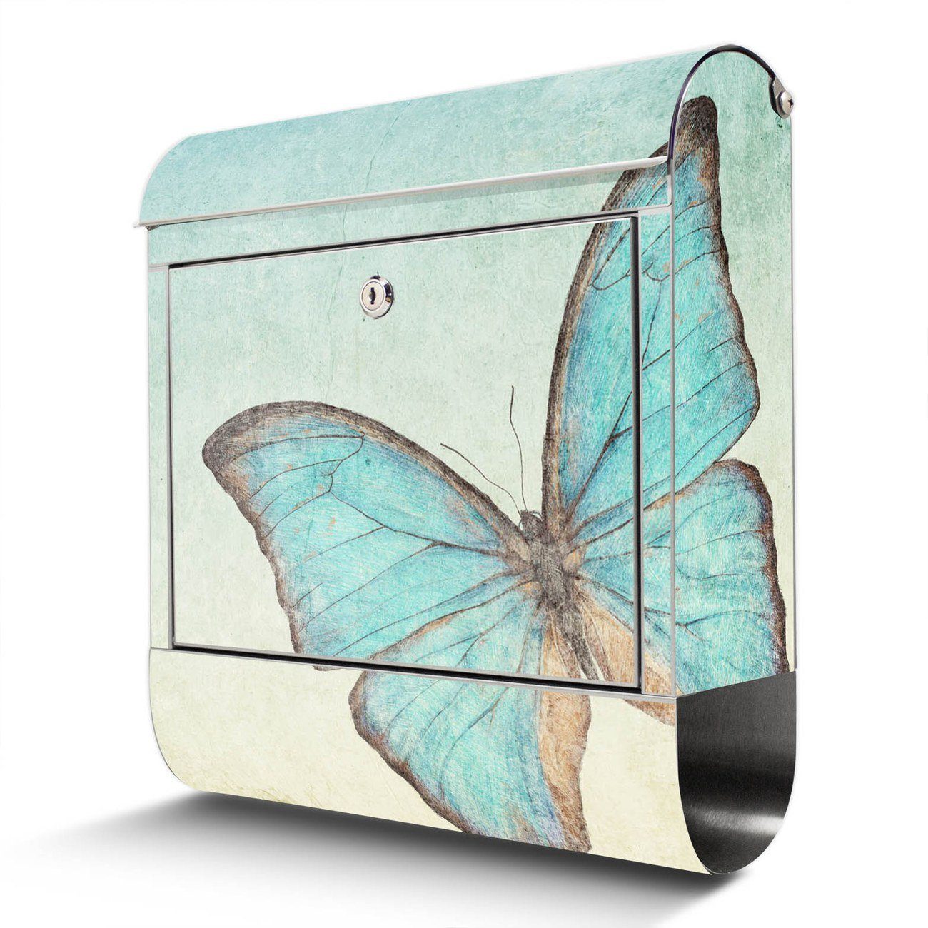 banjado Wandbriefkasten Edelstahl Blaue Schmetterlinge (Wandbriefkasten groß, mit Zeitungsfach), 38 x 42,5 x12cm