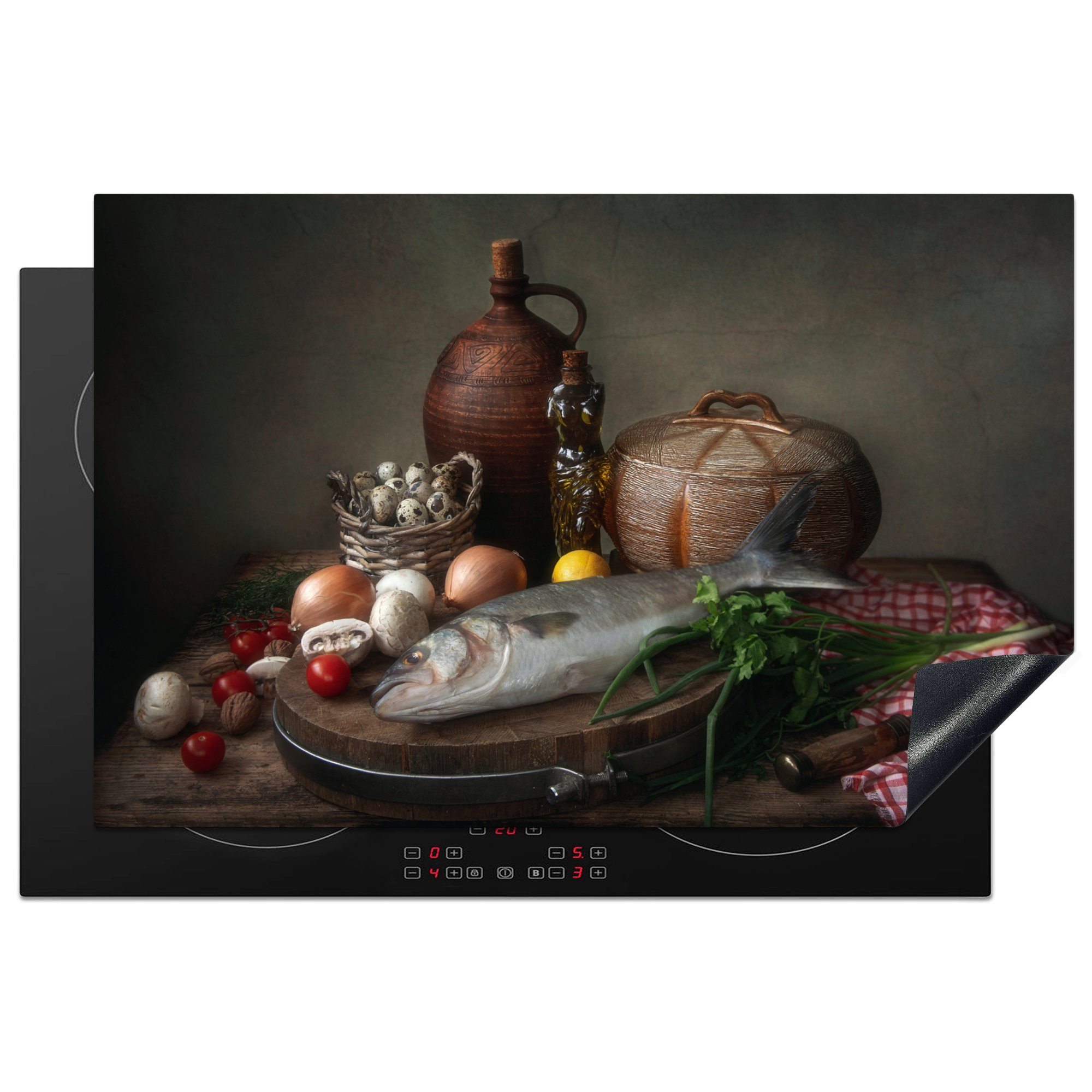 Fisch MuchoWow - Rustikal Induktionskochfeld (1 Kräuter, - Schutz Vinyl, - 81x52 für cm, Stilleben küche, Ceranfeldabdeckung Herdblende-/Abdeckplatte Gemüse tlg), die -