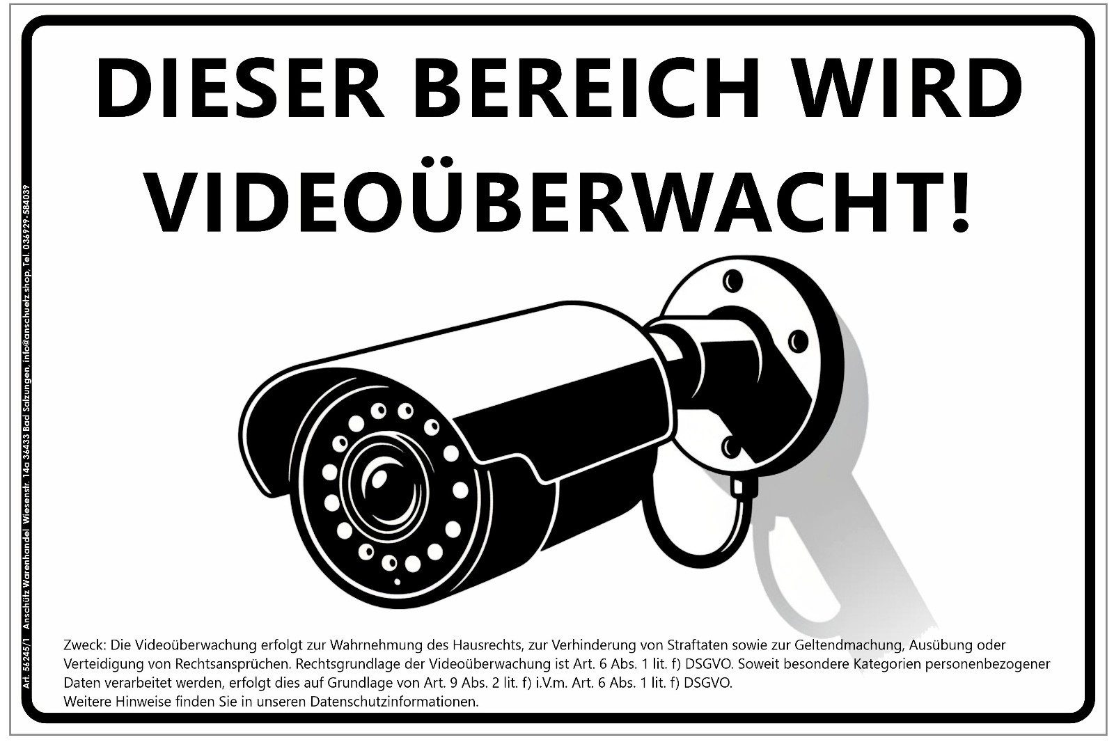 Anschütz Hinweisschild Hinweisschild Videoüberwachung 30x20cm mit DSGVO Hinweis, 30 x 20cm