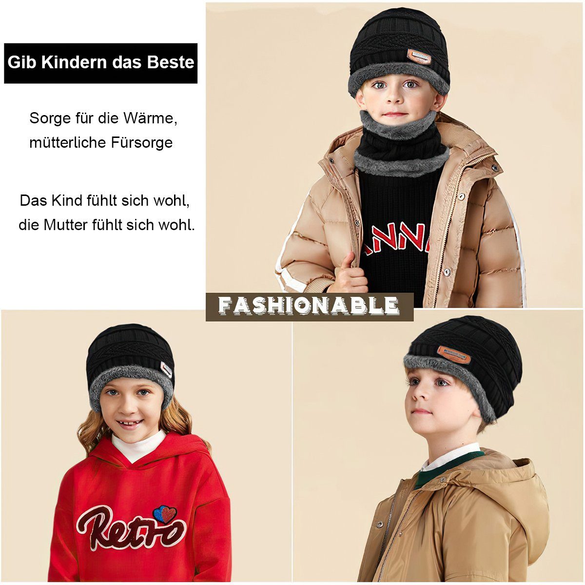 Welikera Mütze & Schal Schal, 2-in-1-Set Kinder-Winter-Unisex-Set, Mütze aus und Schwarz