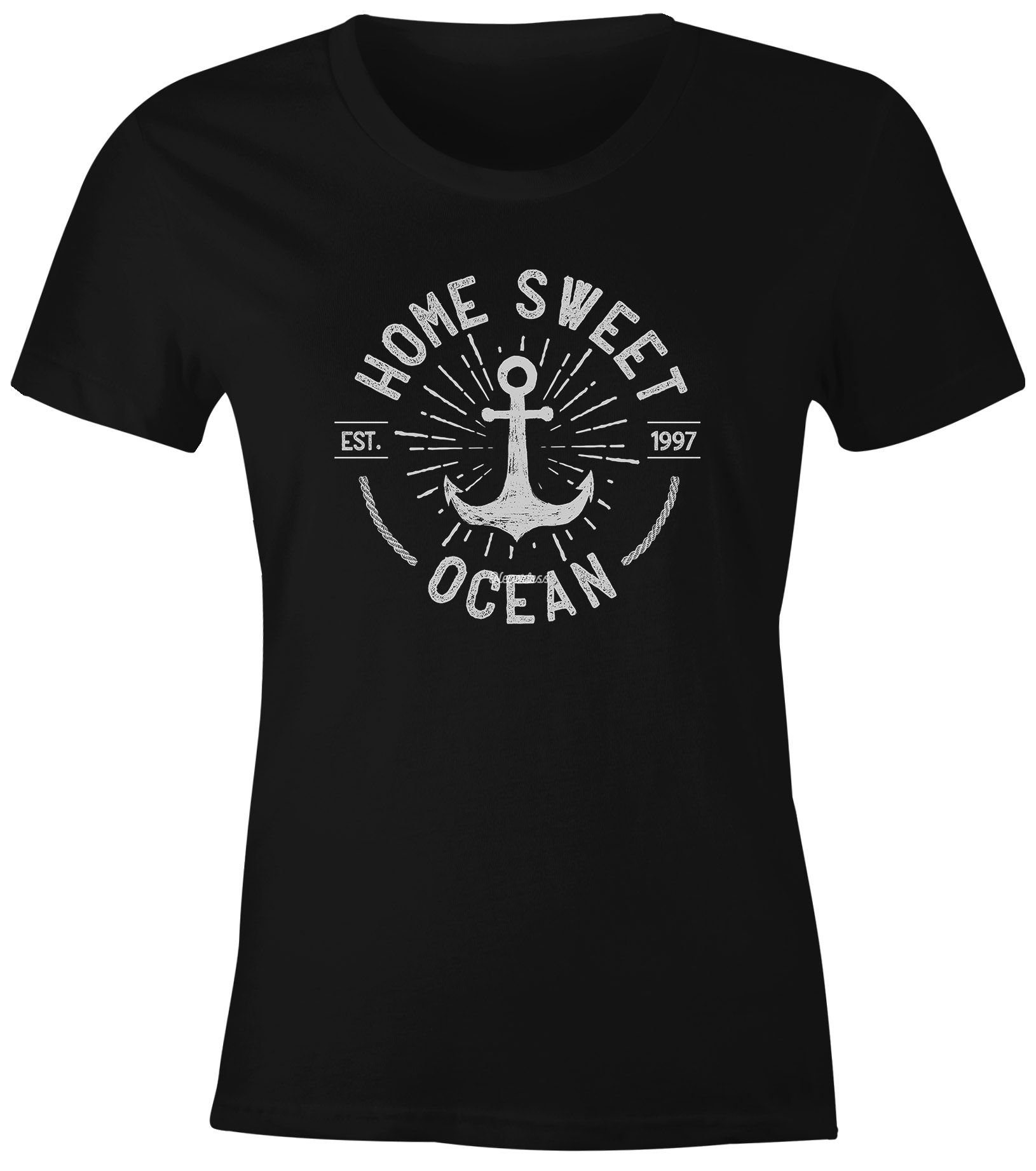 Neverless Print-Shirt Damen T-Shirt Fashion Fit Logo Home mit Sweet maritim Anker Slim Neverless® Schriftzug Streetstyle Ocean Print