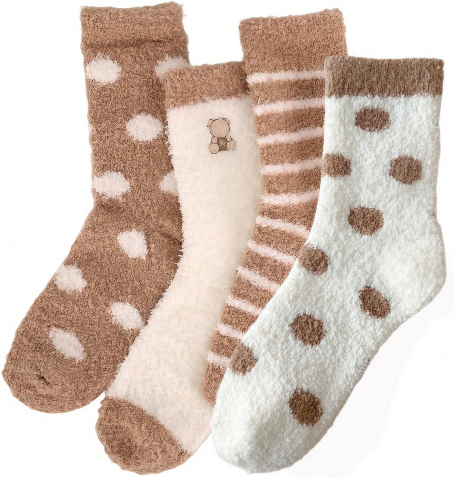 FOUORTUNATE-BEE Kuschelsocken 4 Paar Damen Kuschelsocken aus Korallenvlies, warm & weich (4-Paar) Damen-Wintersocken, 4er Set, warme …