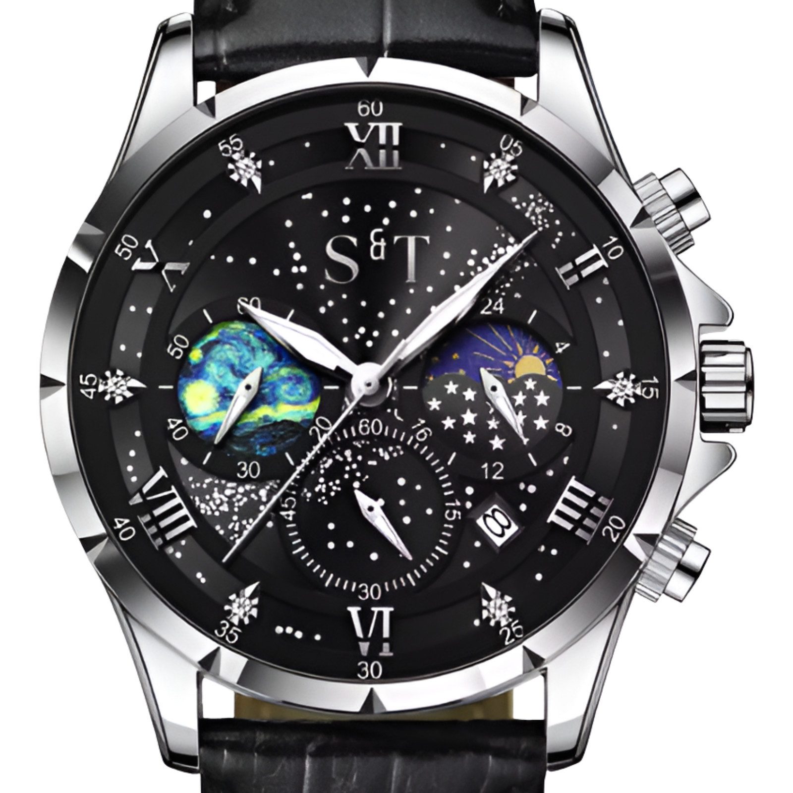 S&T Design Quarzuhr Herrenuhr Leder Braun Chronograph Armbanduhr Lederarmband Mansa Lux, (Anzug Hochzeit Büro, inkl. Uhrenbox & Bedienungsanleitung QR), Herren Uhr Leder Braun Datum Wasserdicht