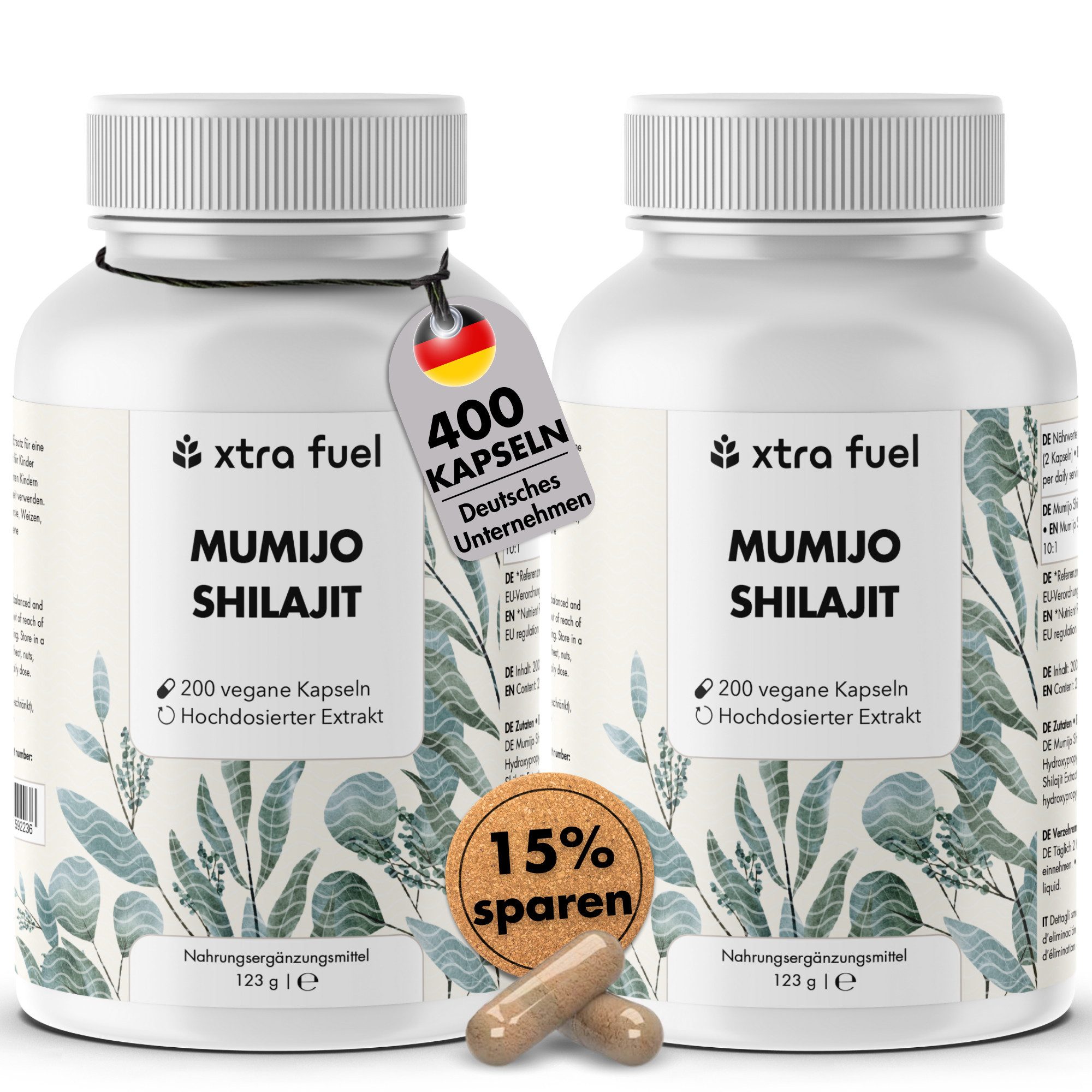 XTRA FUEL Mumijo Shilajit hochdosiert - 200 Kapseln, 80% Fulvin- & Huminsäure Kapseln, 246 g