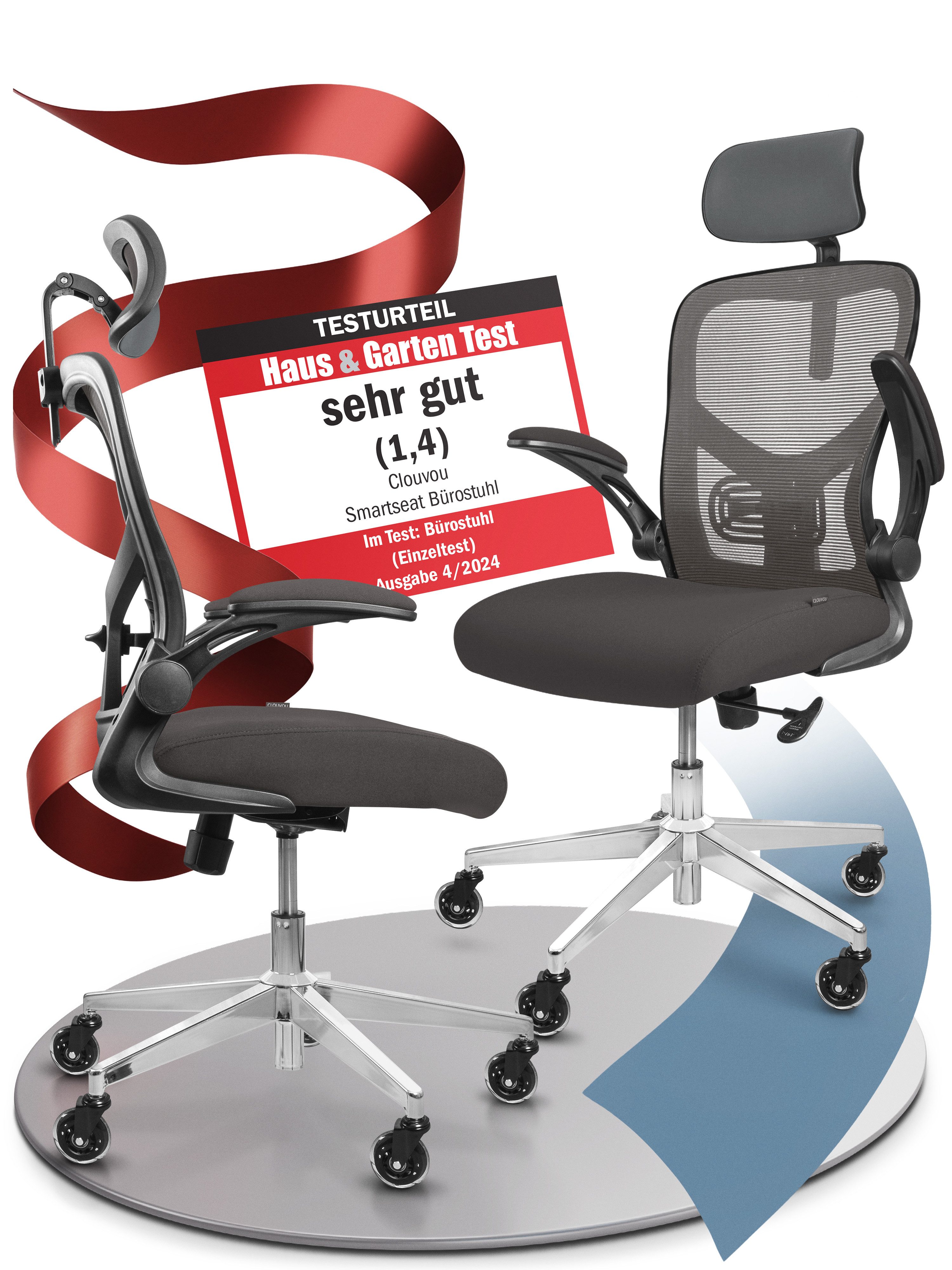 CLOUVOU Bürostuhl ergonomisch, Schreibtischstuhl bis 150 kg - Testsieger (SmartSeat - Для шефа für Arbeitszimmer, 3D-Kopfstütze & Flip-Up Armlehnen), Blade Wheels, Homeoffice, Gaming Stuhl, Drehstuhl