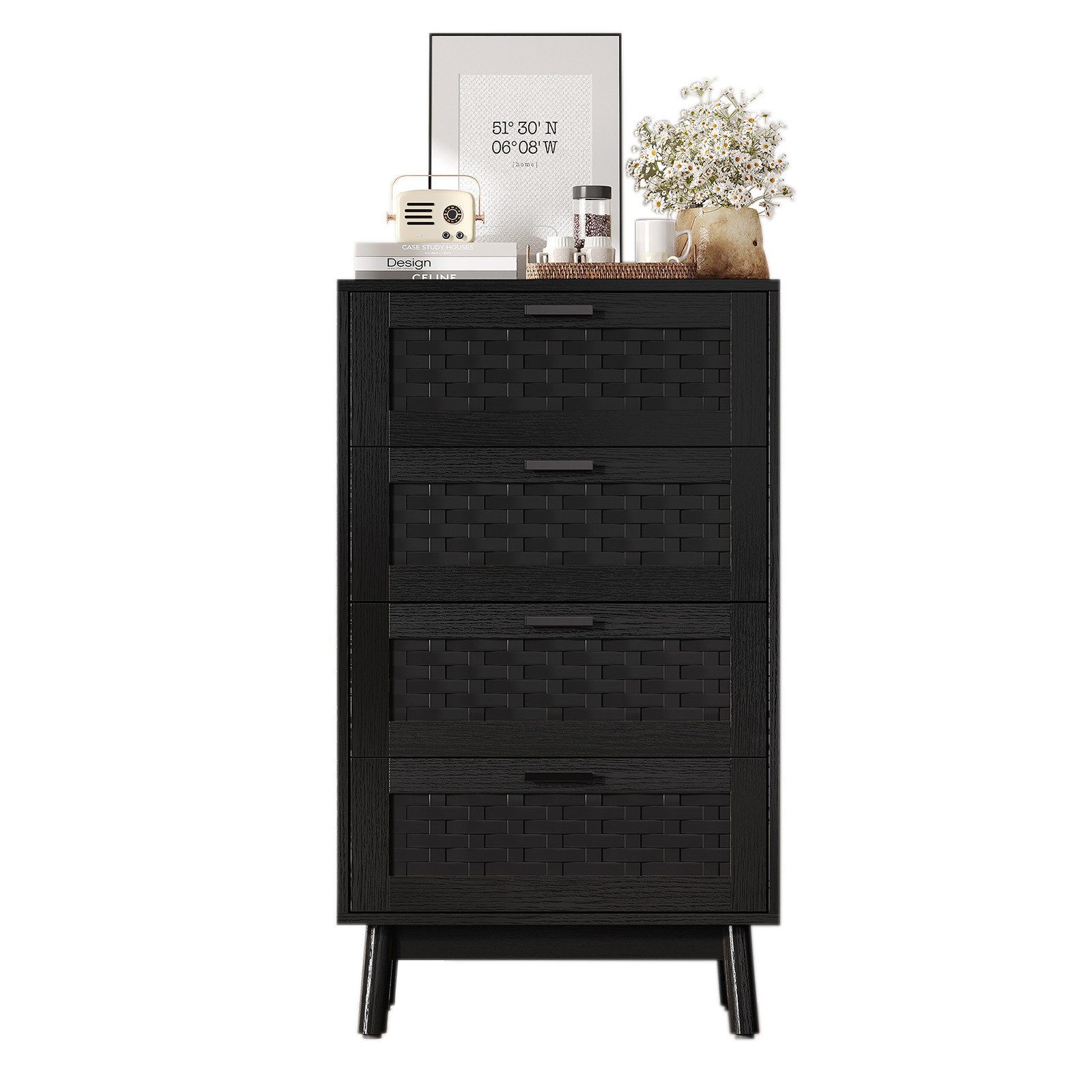 FUROKOY Sideboard Kommode Küchenschrank, Holzbeine (Buffetschrank Highboard mit 4 Rattan Geflechte Schubladen), für Schlafzimmer, Wohnzimmer, Flur, 55 x 40 x 95 cm, Schwarz