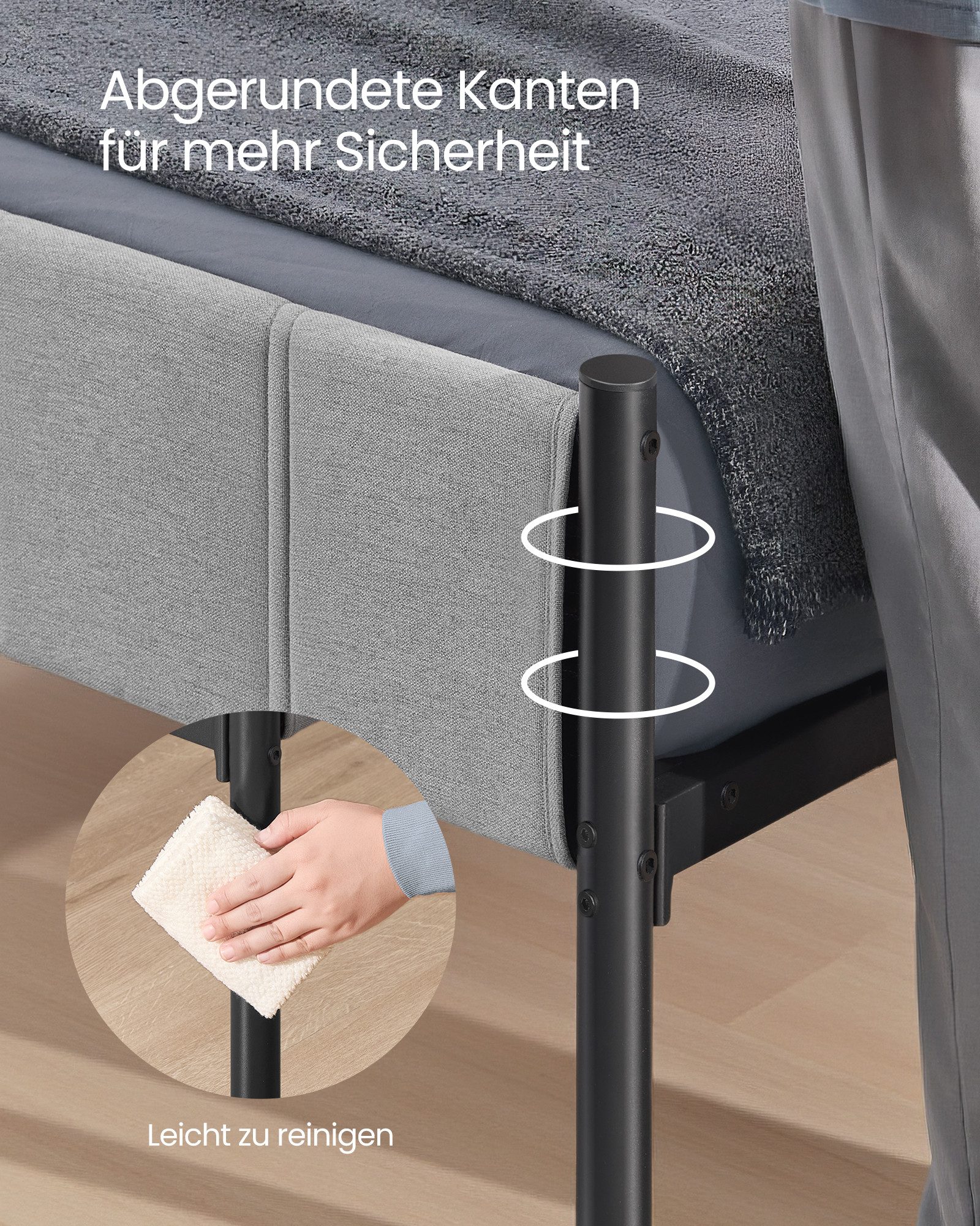 VASAGLE Polsterbett Einzelbettgestell Bettrahmen (90 x 200 cm, geräuschlos), 90 x 200 cm, einfache Montage, mit gepolstertem Kopfteil, Bettgestell – Bild 4 von 5