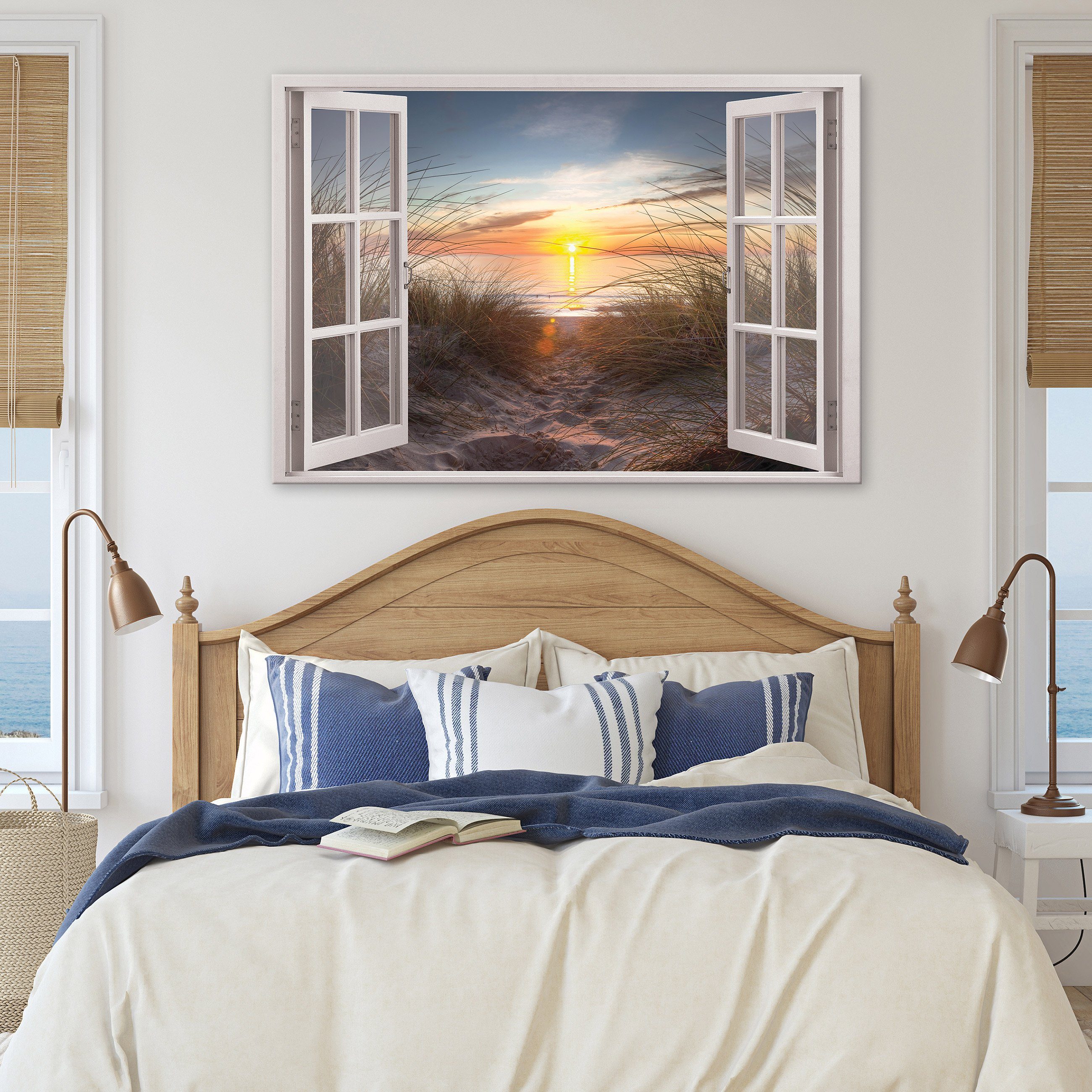 Strand Bilder Fensterblick Fenster Wohnzimmer (Einteilig), Canvas für Leinwand Kunstdruck Aufhängefertig Wallarena Leinwandbild Schlafzimmer, Auf Sonne Wandbild Natur XXL Bild Modern Wandbilder Leinwandbilder Groß