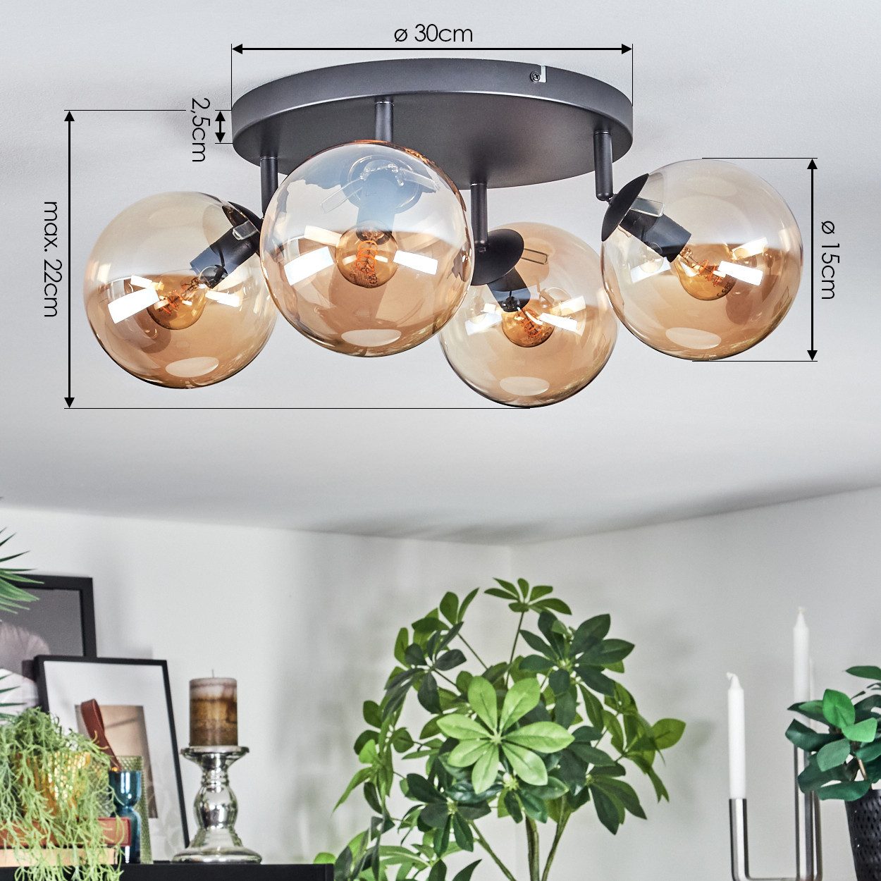 hofstein Deckenleuchte Deckenlampe aus Metall/Glas in Schwarz/Bernsteinfarben, verstellbare Deckenleuchte im Retro-Design (Schirme 15 cm), 4 x E14 – Bild 4 von 5