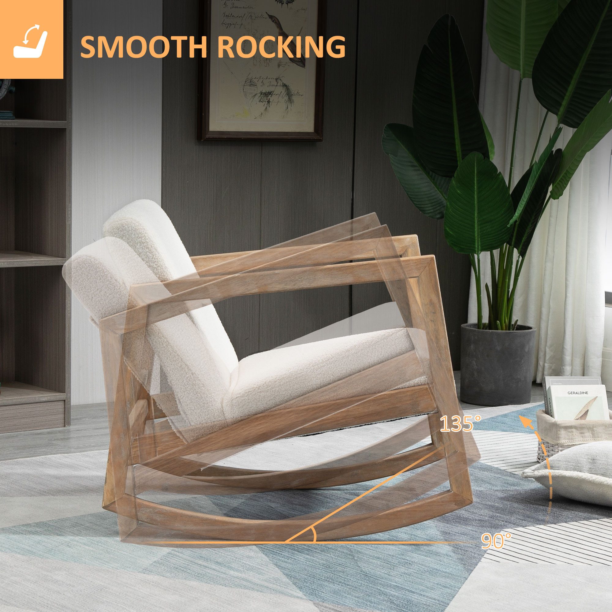 HOMCOM Schaukelstuhl gepolstert Relaxstuhl mit Holzrahmen (Loungesessel, 1 St), Kautschukholz Cremeweiß 60 x 76 x 77 cm – Bild 4 von 5