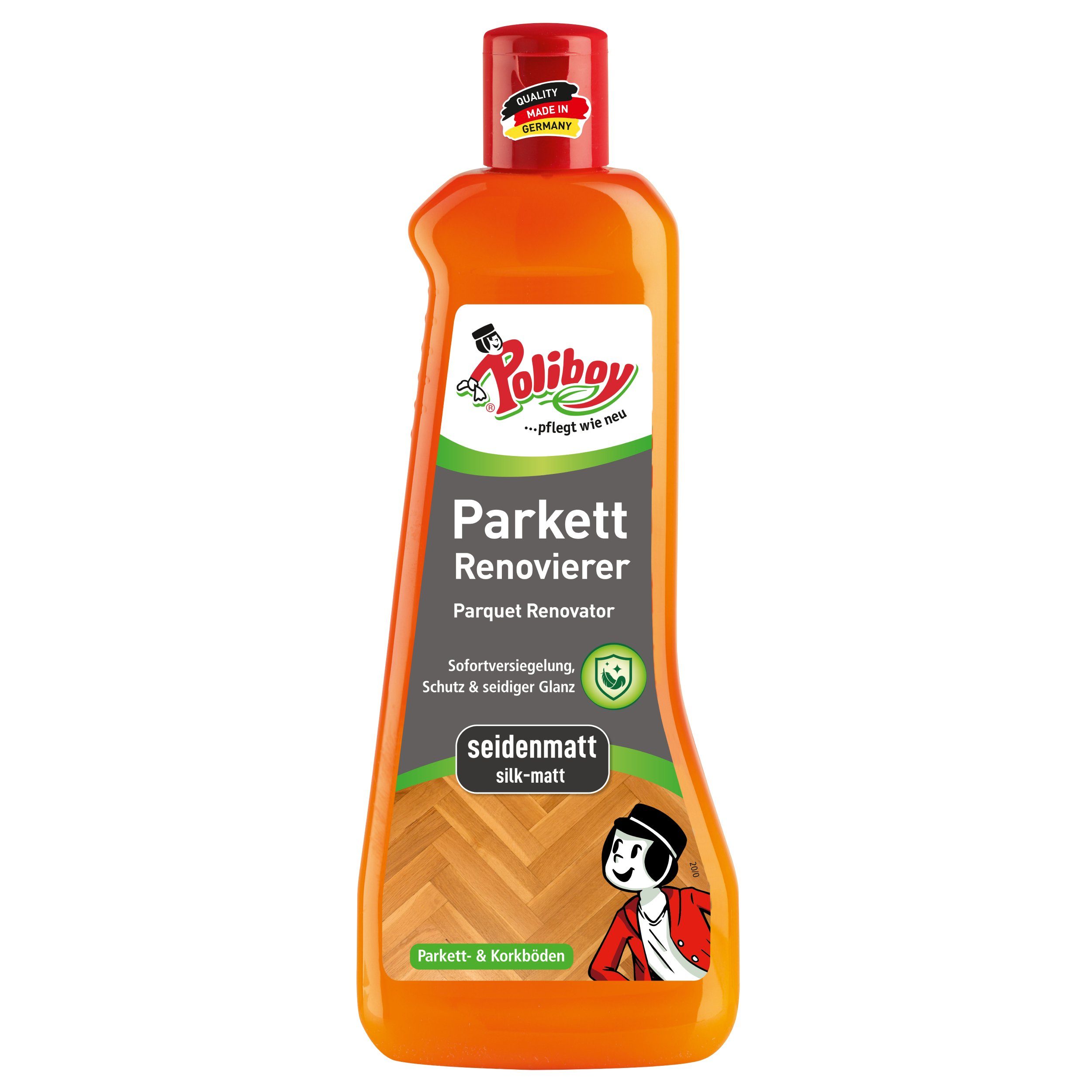 poliboy Parkett Renovierer Seidenmatt - 500ml - Parkettreiniger (für strapazierte Holz- und Korkböden - Made in Germany)