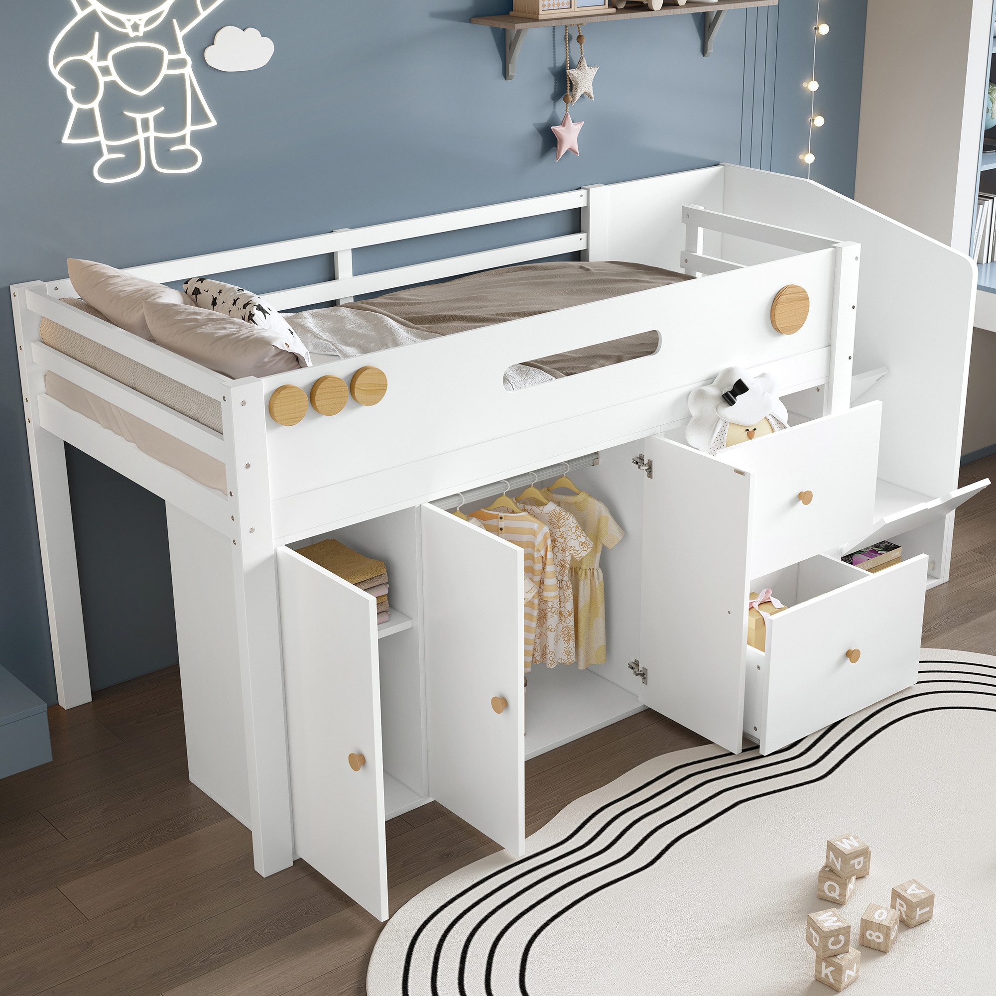 Flieks Hochbett Kinderbett 90x200cm mit Kleiderschrank, Schubladen und Stau günstig online kaufen