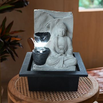 etc-shop Zimmerbrunnen, Tischbrunnen mit Pumpe Springbrunnen mit LED Beleuchtung Buddha-