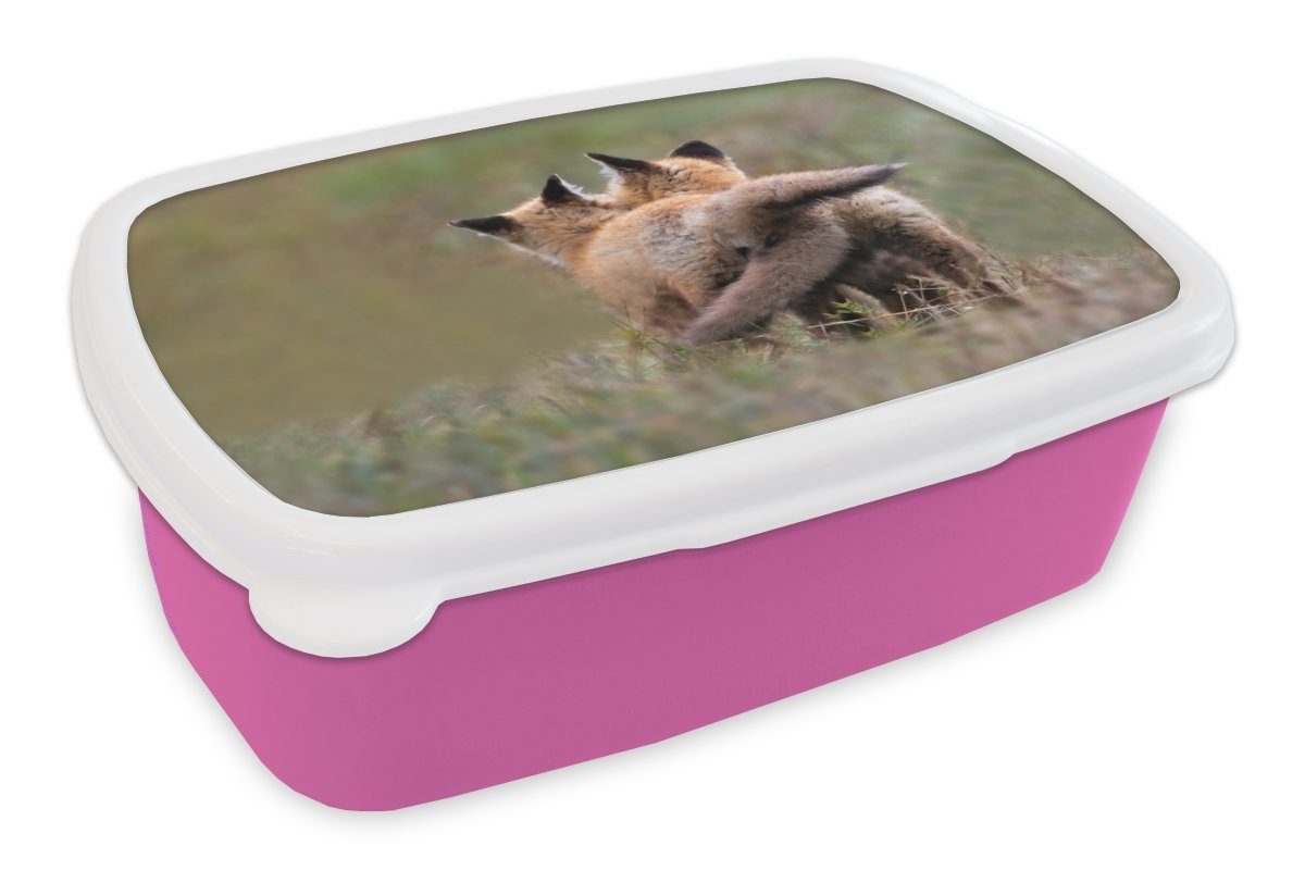 MuchoWow Lunchbox Fuchs - Gras - Tiere, Kunststoff, (2-tlg), Brotbox für Erwachsene, Brotdose Kinder, Snackbox, Mädchen, Kunststoff rosa