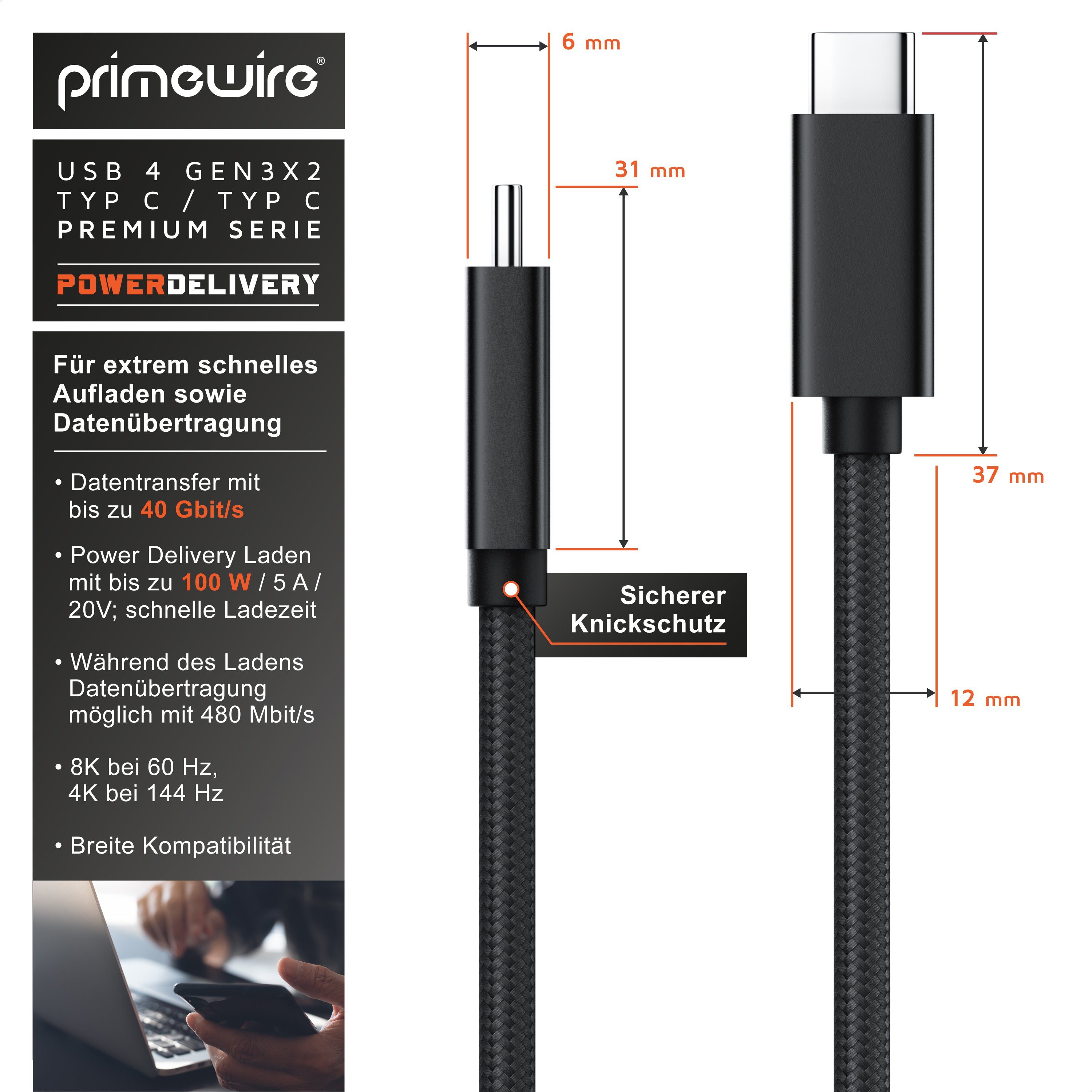 Primewire Thunderbolt 3 Kabel, USB 4 Typ C, USB-Kabel, USB-C, 4.0 (80 cm), Gen 3x2-100 Watt PowerDelivery Ladekabel / Datenkabel 40 Gbit/s, 0,8 m