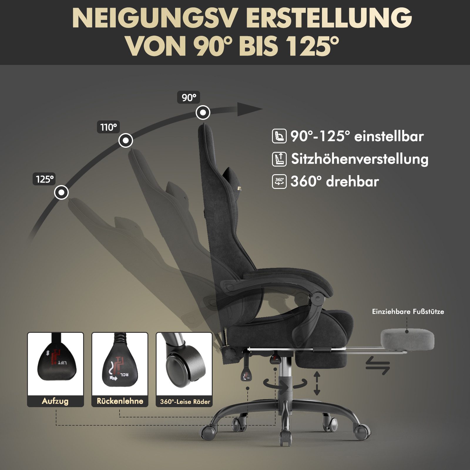 Ferghana Gaming-Stuhl Racing PC Stuhl Verstellbar mit Kopf-,Lendenkissen, Fußstütze (Rückenlehne 90°-125), Ergonomisch, atmungsaktiv Gaming Chair