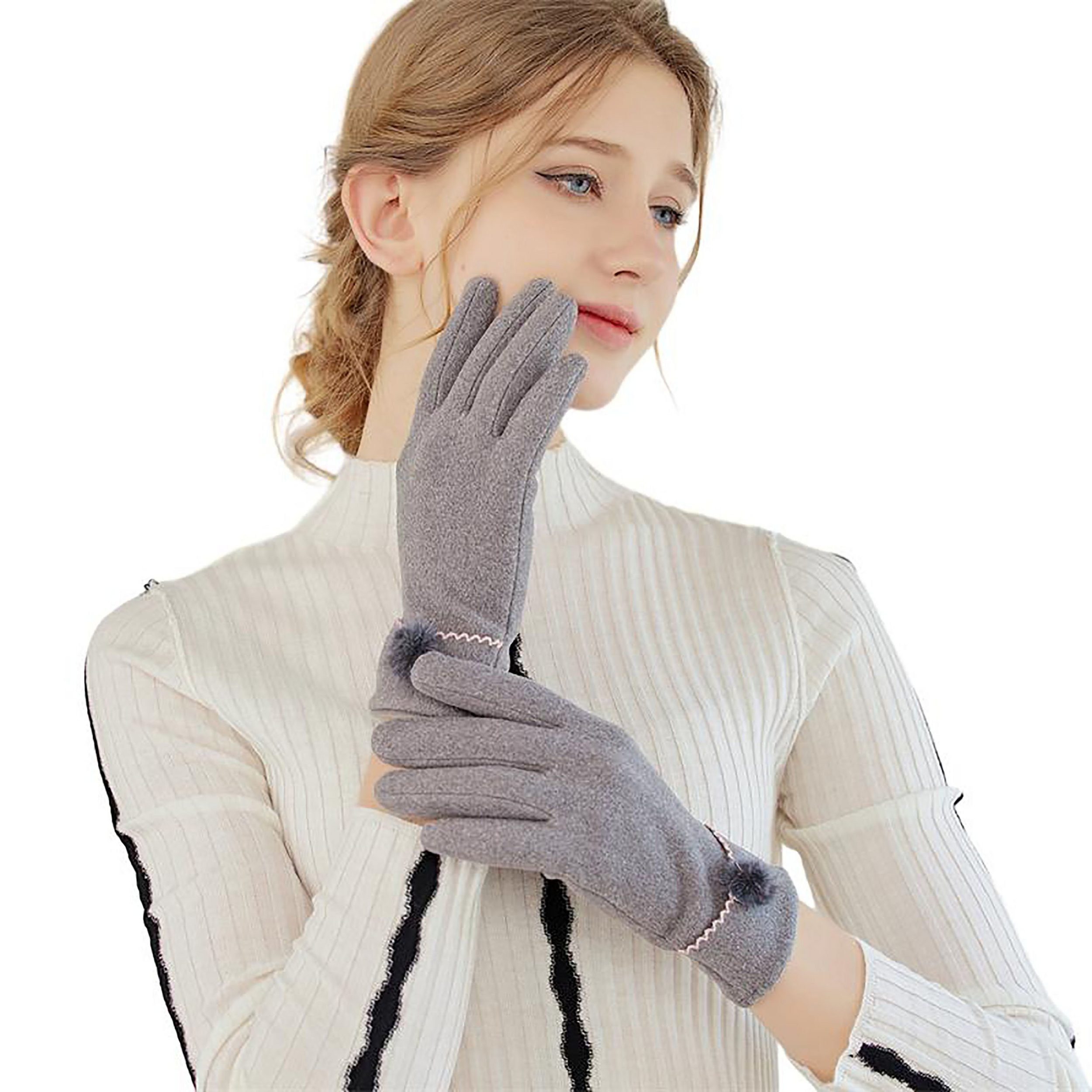 SRRINM Baumwollhandschuhe Handschuhe dünne Pelzkugel Touchscreen