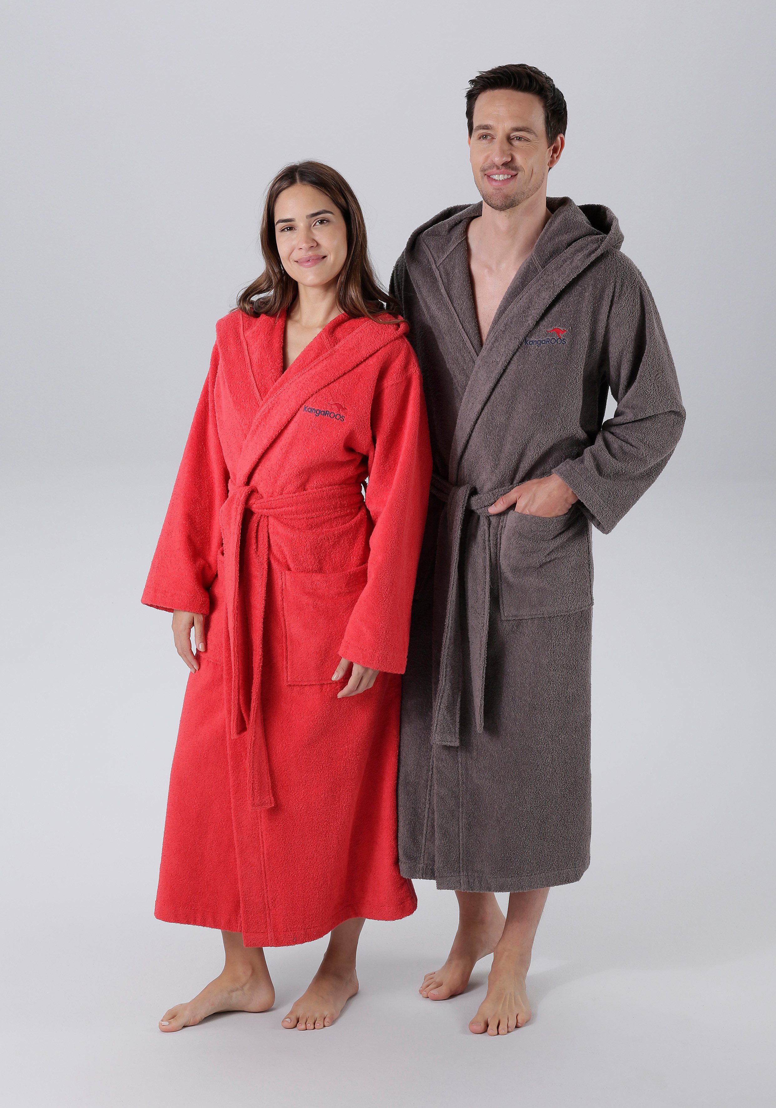 KangaROOS Unisex-Bademantel Cassidy, für Damen & Herren, Standardlänge & Überlänge, Langform, Walkfrottee, Kapuze, Gürtel, mit Taschen, Männer und Frauen, Baumwolle, Reise, Hotel, Sauna, S-3XL