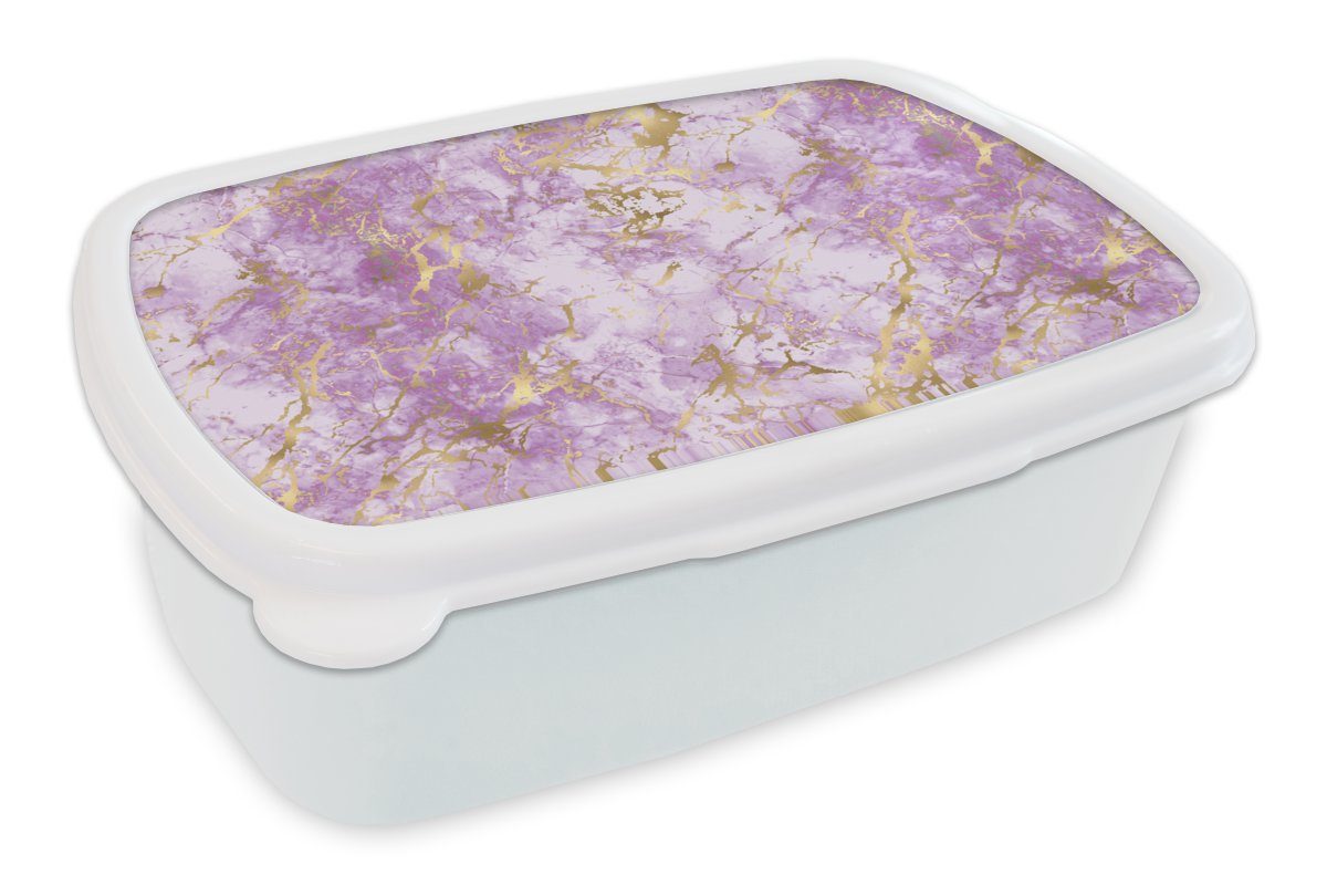 MuchoWow Lunchbox Gold - Marmor - Muster - Lila, Kunststoff, (2-tlg), Brotbox für Kinder und Erwachsene, Brotdose, für Jungs und Mädchen weiß