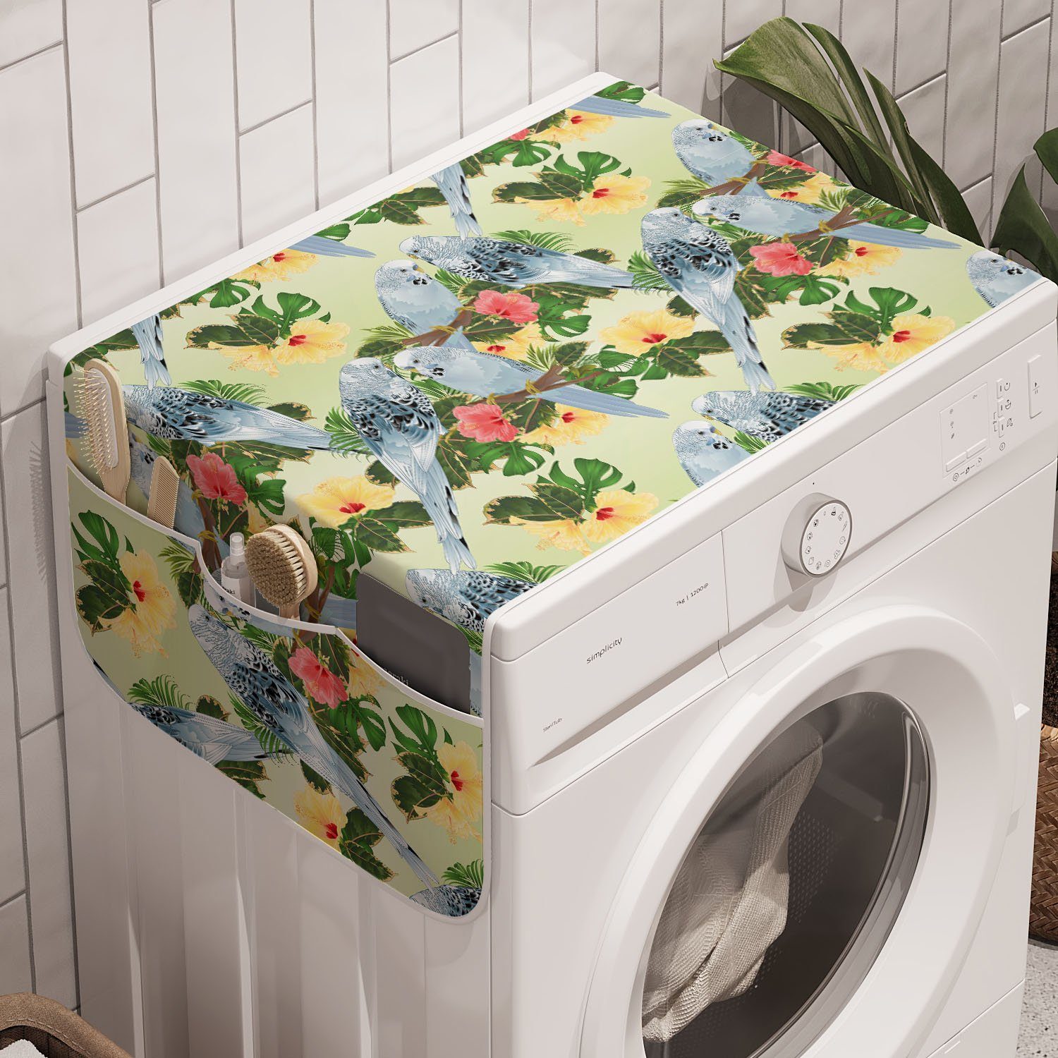 Abakuhaus Badorganizer Anti-Rutsch-Stoffabdeckung für Waschmaschine und Trockner, Hibiskus Vögel Zusammensetzung Blätter