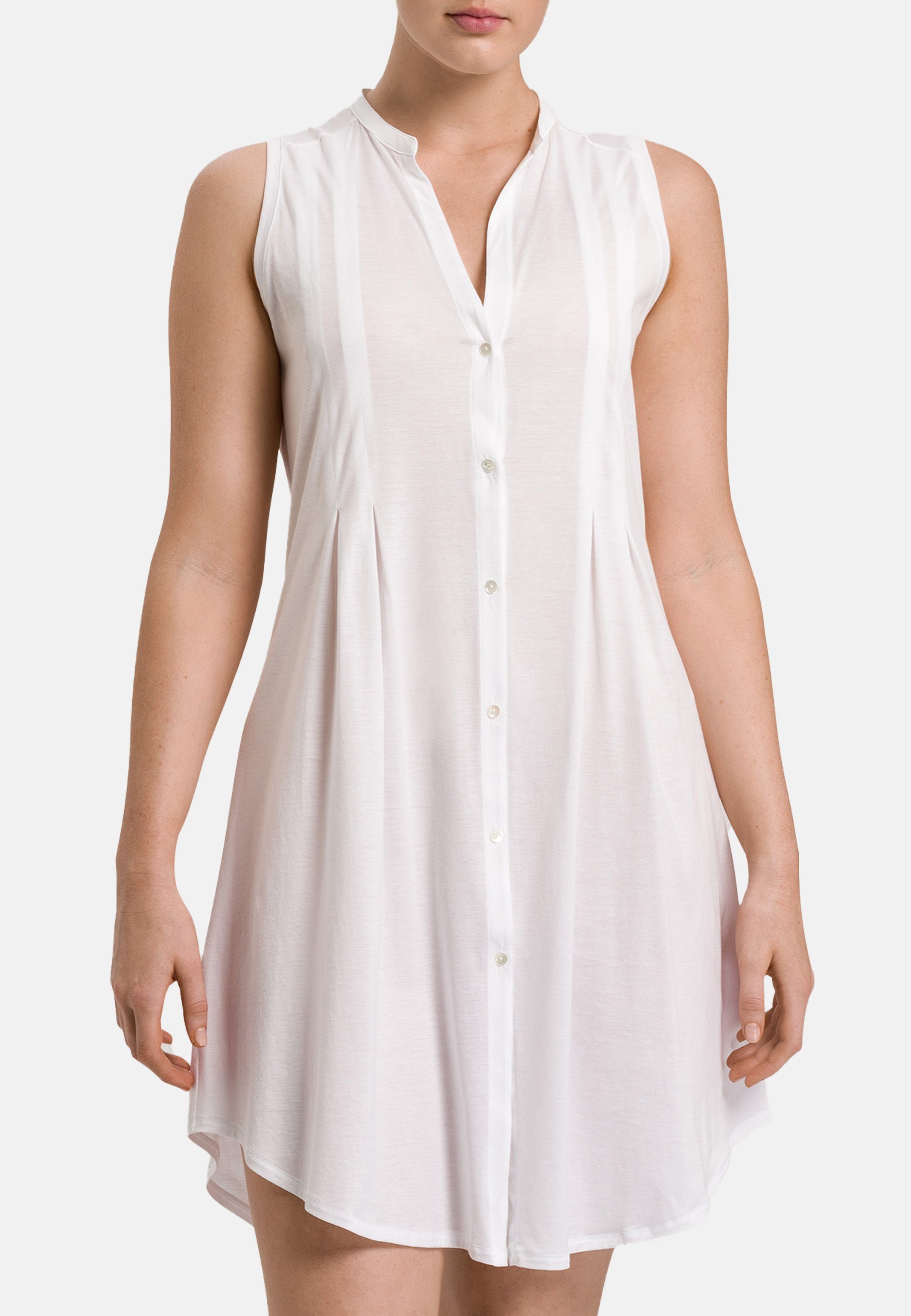 Hanro Nachthemd Cotton Deluxe (1-tlg) Nachthemd ohne Arm - Baumwolle - Voile Einsätze am Mandarin Kragen Weiß