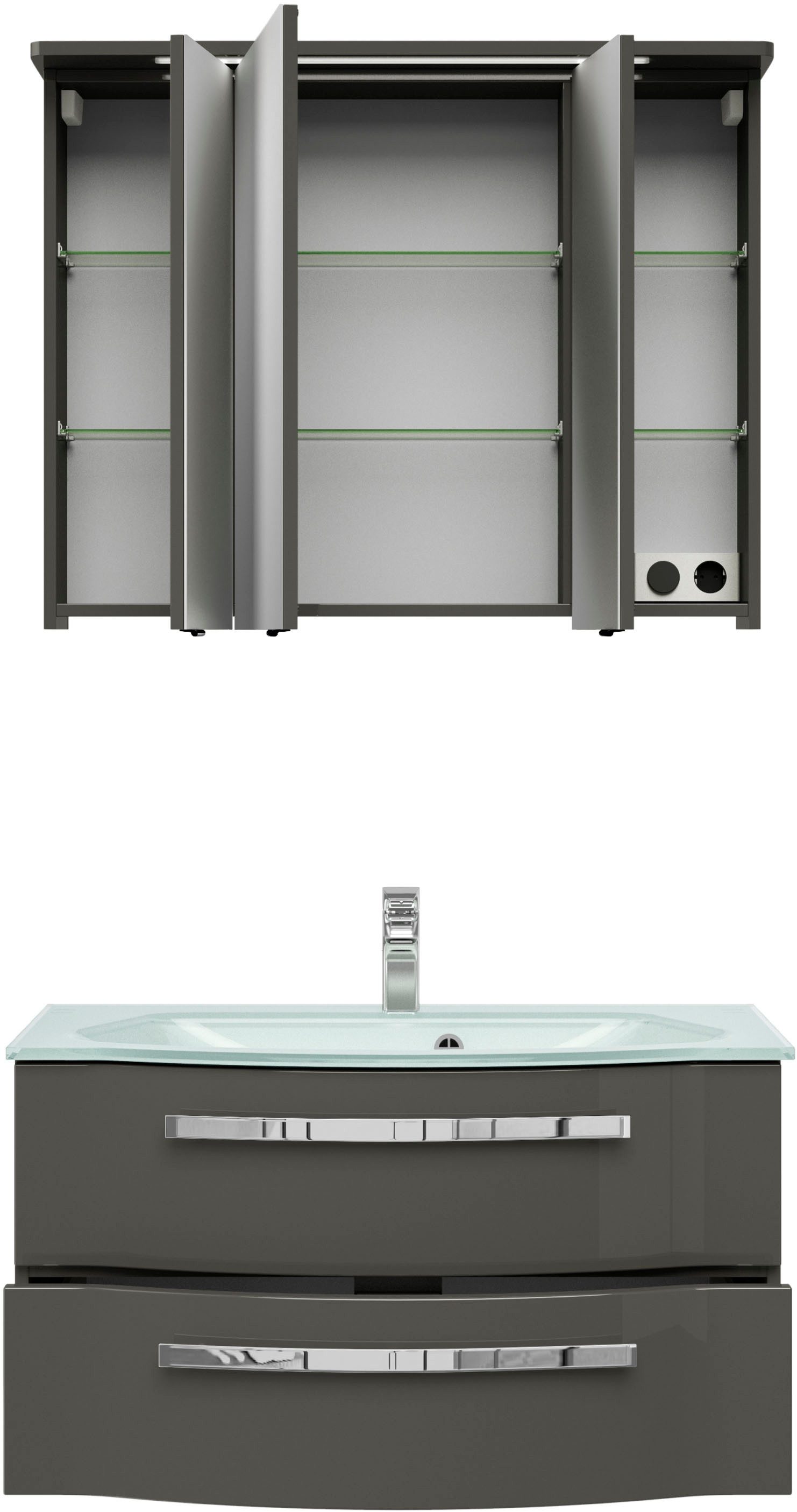 Saphir Badmöbel-Set Serie 4005, vormontiert, Glaswaschbecken, Spiegelschrank, (Set, 3-St), Badezimmer-Set mit Unterschrank, Midischrank, inkl. Türdämpfer