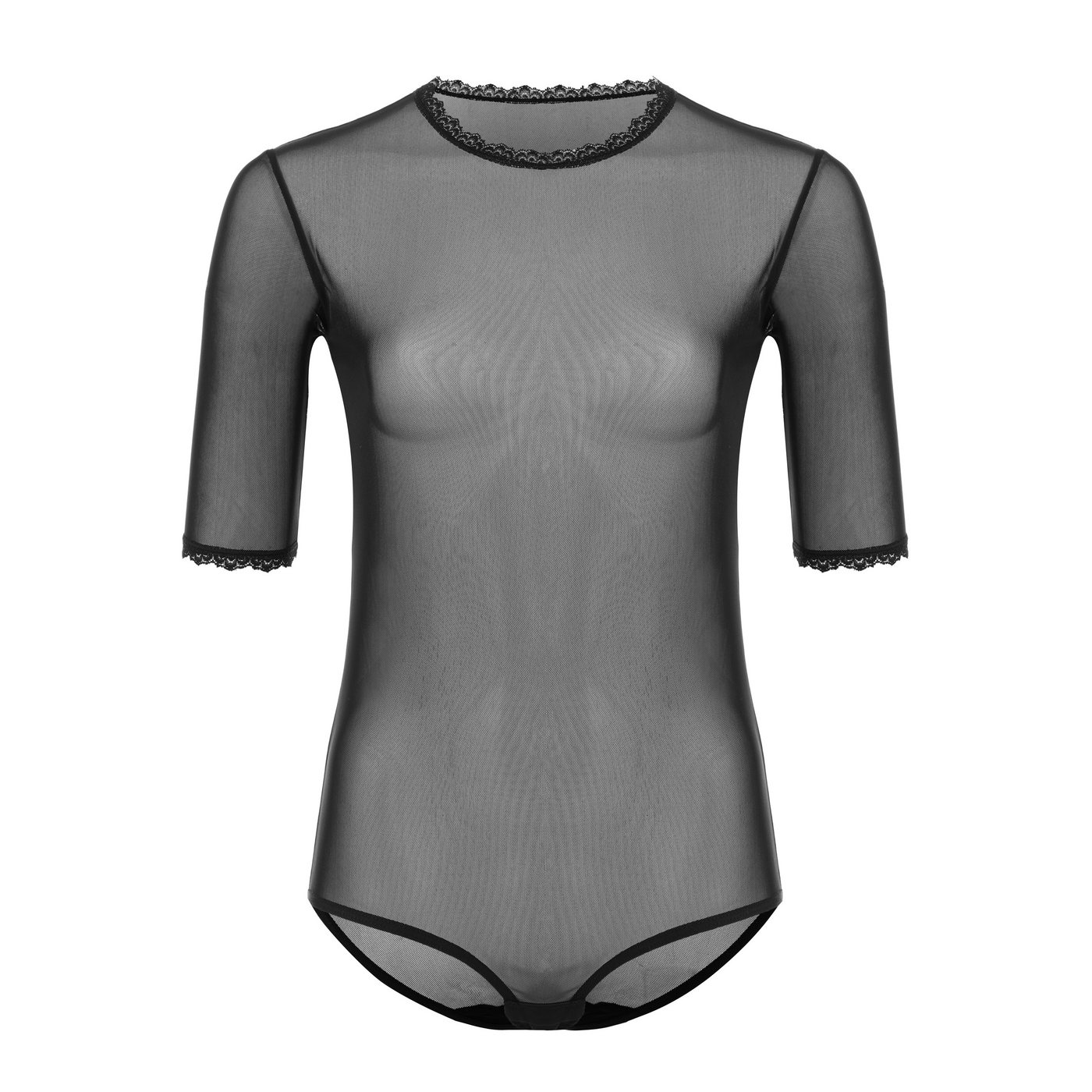 Evoni Body Eleganter Damen-Bodysuit aus Tüll mit Spitze, ellbogenlange Ärmel