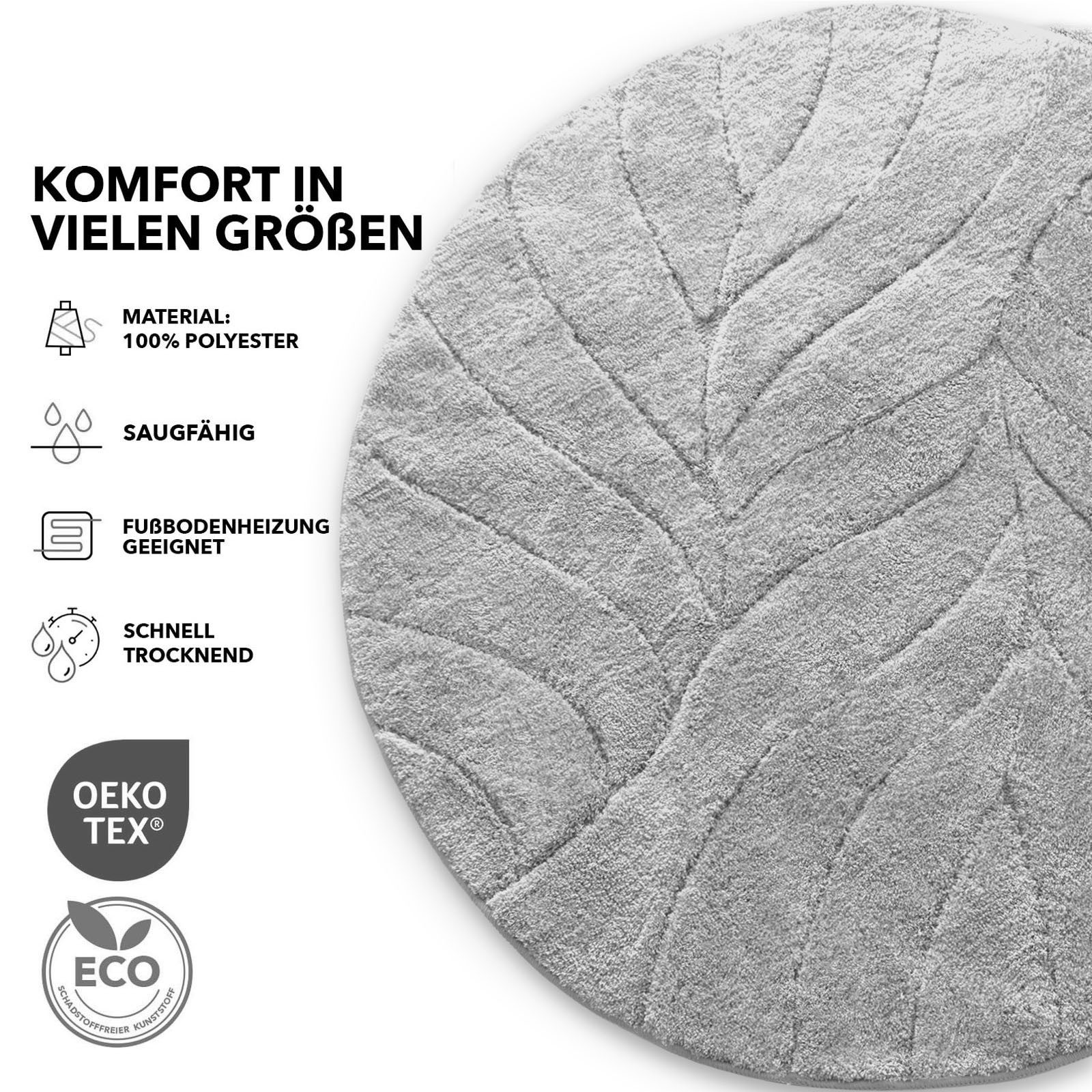 Floordirekt Badematte Maris, ausfranssicher, verschiedene Farben, aus weicher Mikrofaser, Höhe 30 mm, rutschhemmend beschichtet, fusselfrei, Polyester, Rund, 120cm Durchmesser, für Fußbodenheizung geeignet