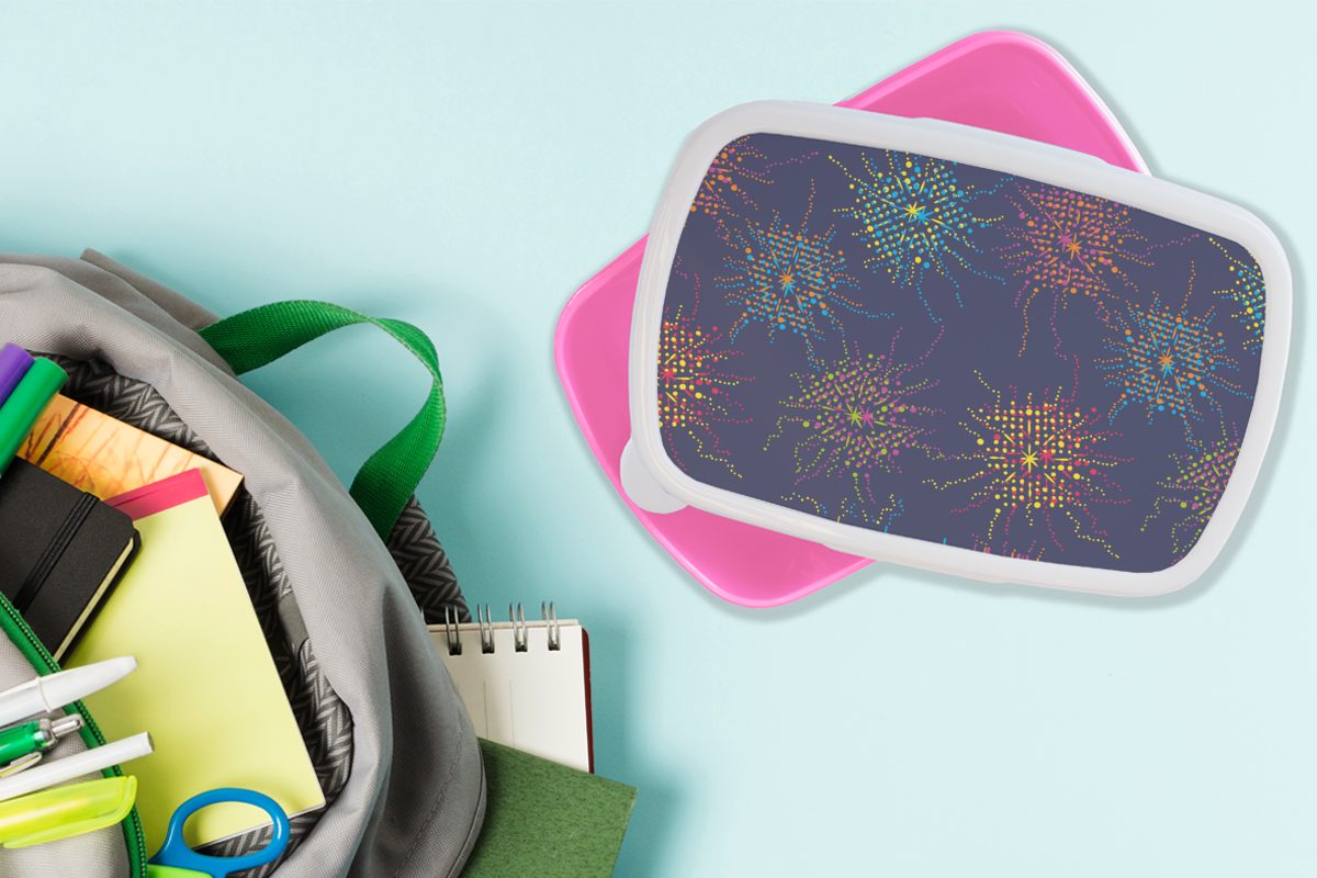 (2-tlg), Feuerwerk Kunststoff, Erwachsene, Lunchbox - für Mädchen, MuchoWow Brotbox Snackbox, - rosa Kinder, Digital Brotdose Kunststoff Muster,