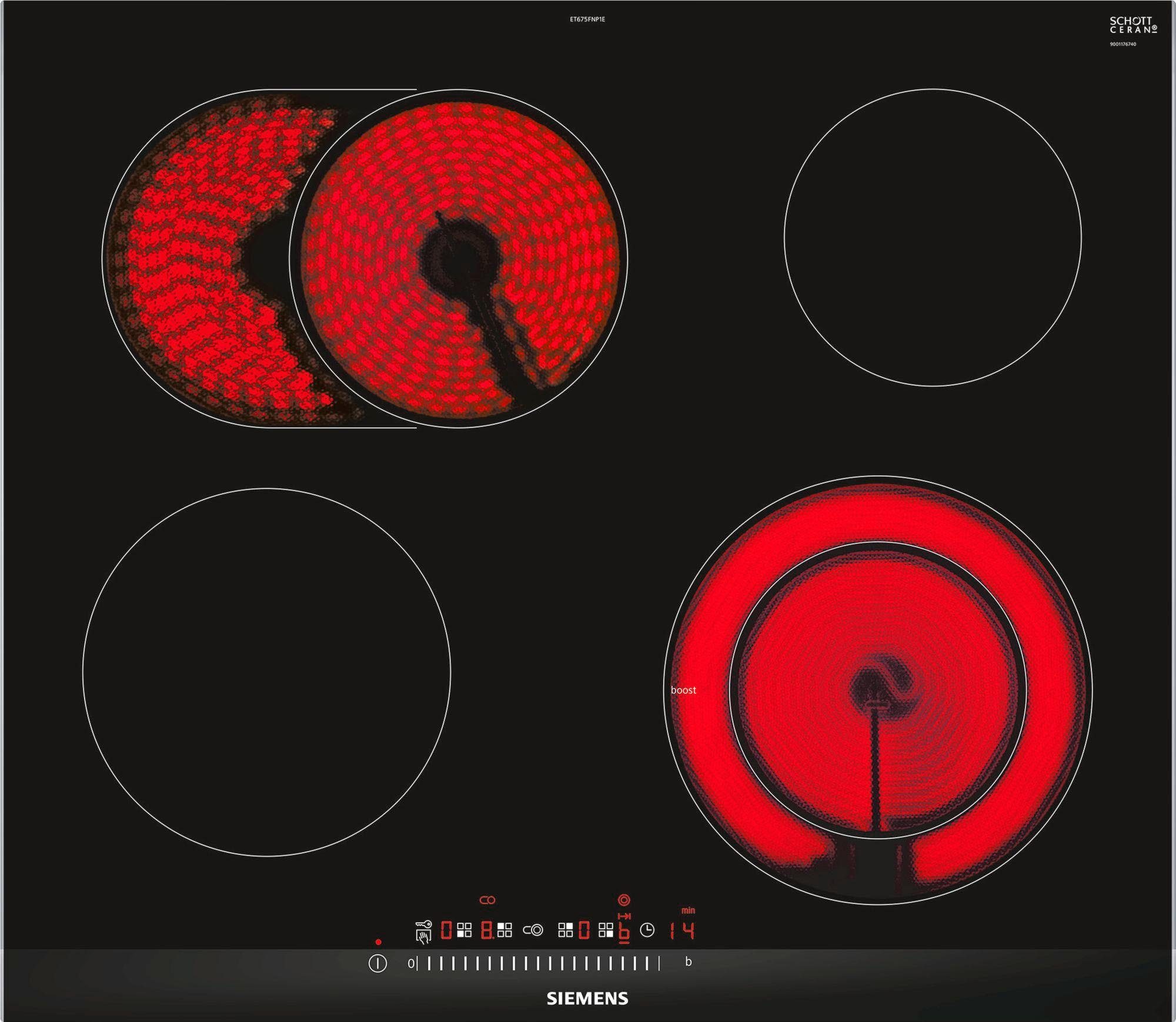 SIEMENS Elektro-Kochfeld von SCHOTT CERAN® iQ300 ET675FNP1E, Optimale Hitzeverteilung dank zuschaltbarer Bräterzone & Timerfunktion