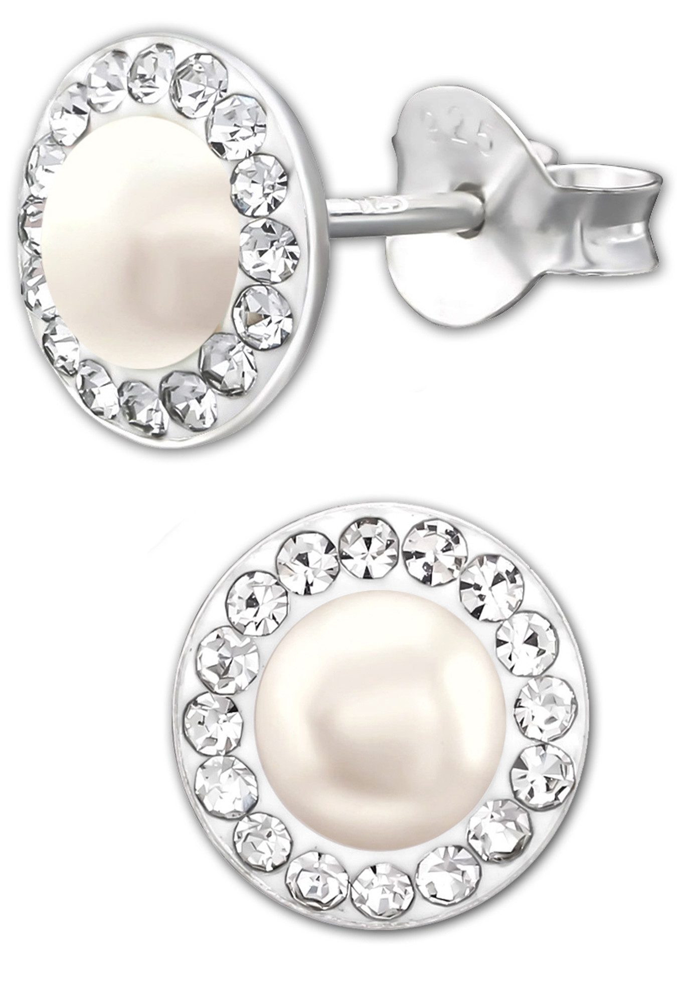 Limana Perlenohrringe Damen Серьги 925 Silber runde weiße Ohrstecker mit Perle 8mm, Damenschmuck kleine runde Damenohrringe mit Zirkonia für jeden Tag