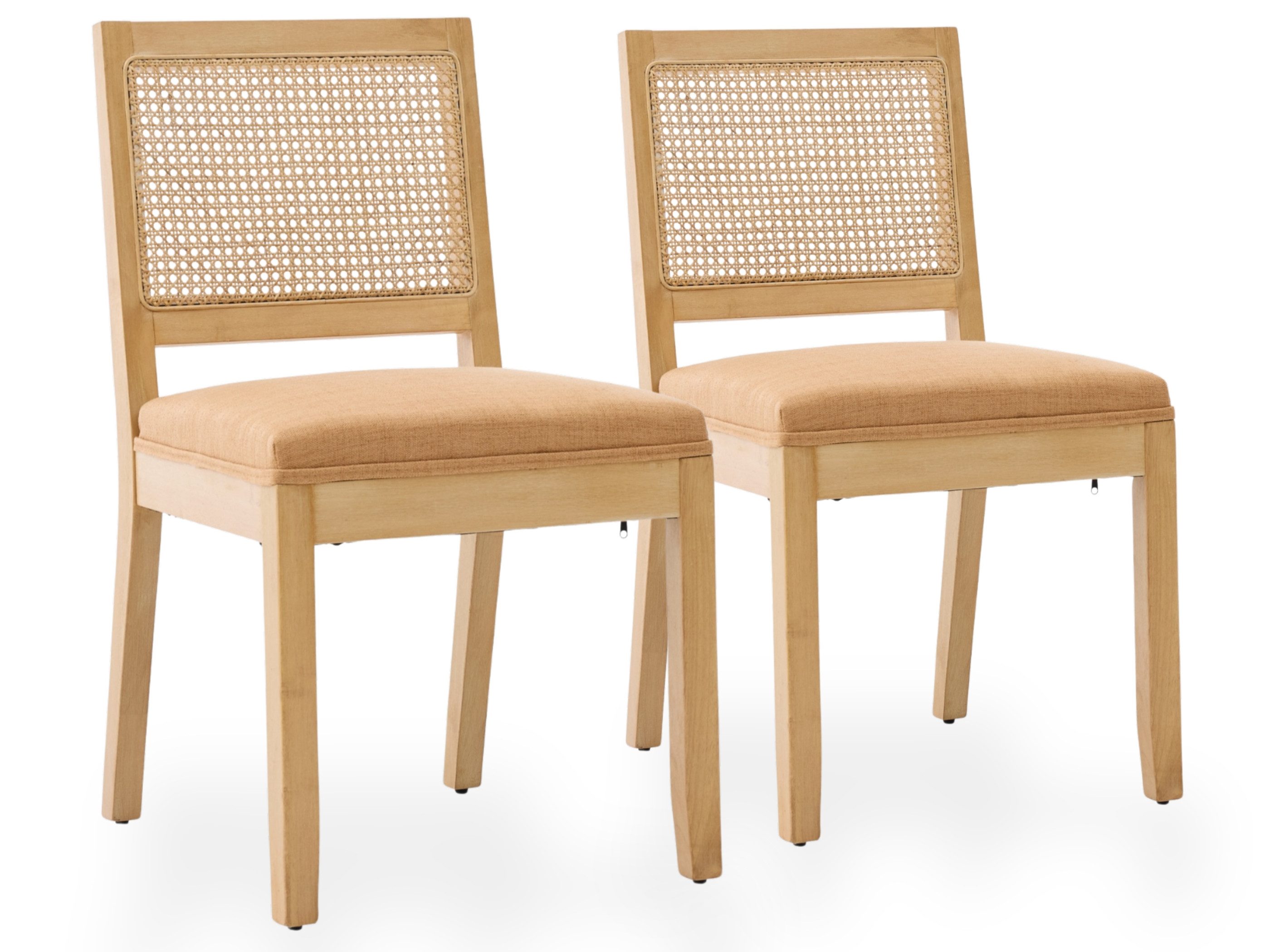 SeedWave Esszimmerstuhl 2er Set Küchenstuhl mit Rattan Rückenlehne, Massivholzbeine mit Filzen, Leinen gepolsterter Sitz, Boho Stil