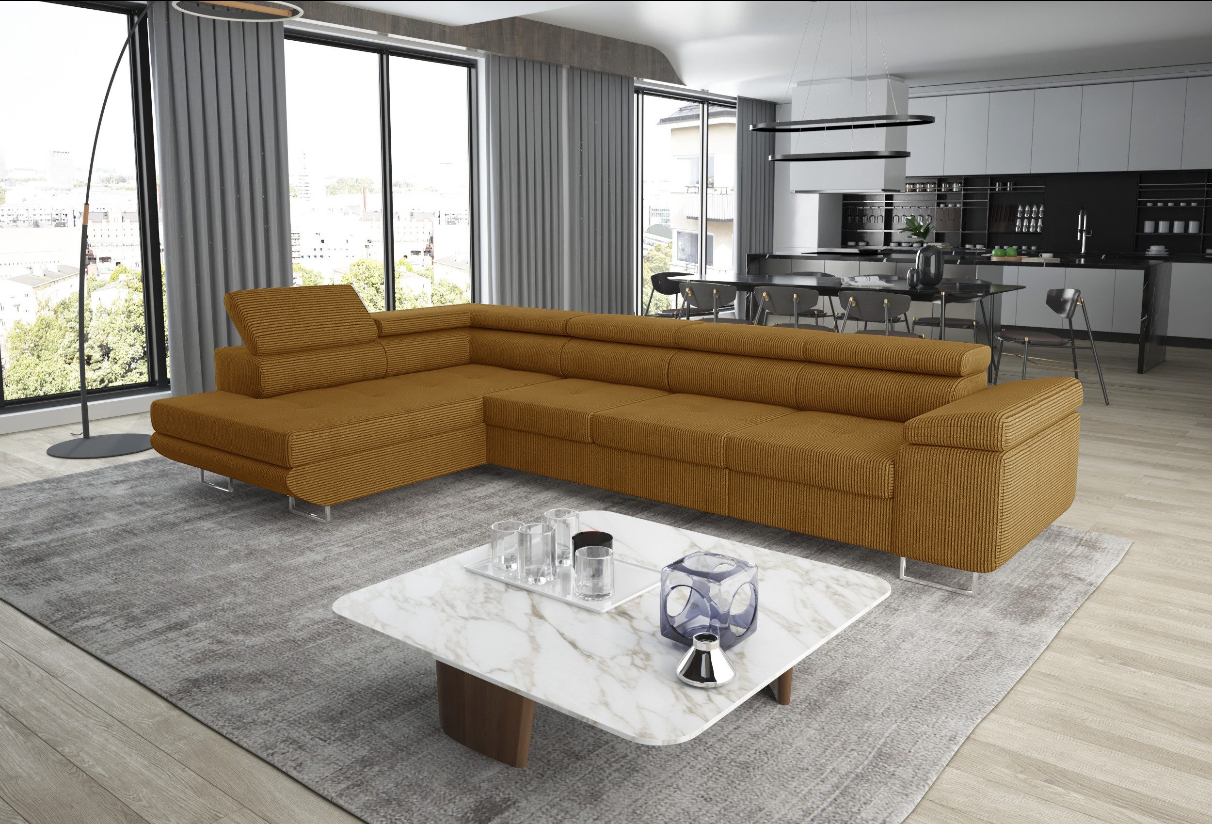 thematys Ecksofa ASTON LONG 355 x 204cm mit Schlaffunktion & Bettkasten – L-Sofa, mit Kopfstützen, Cord (Poso) oder Samt (Monolith), - XXL Wohnlandschaft im modernen Design