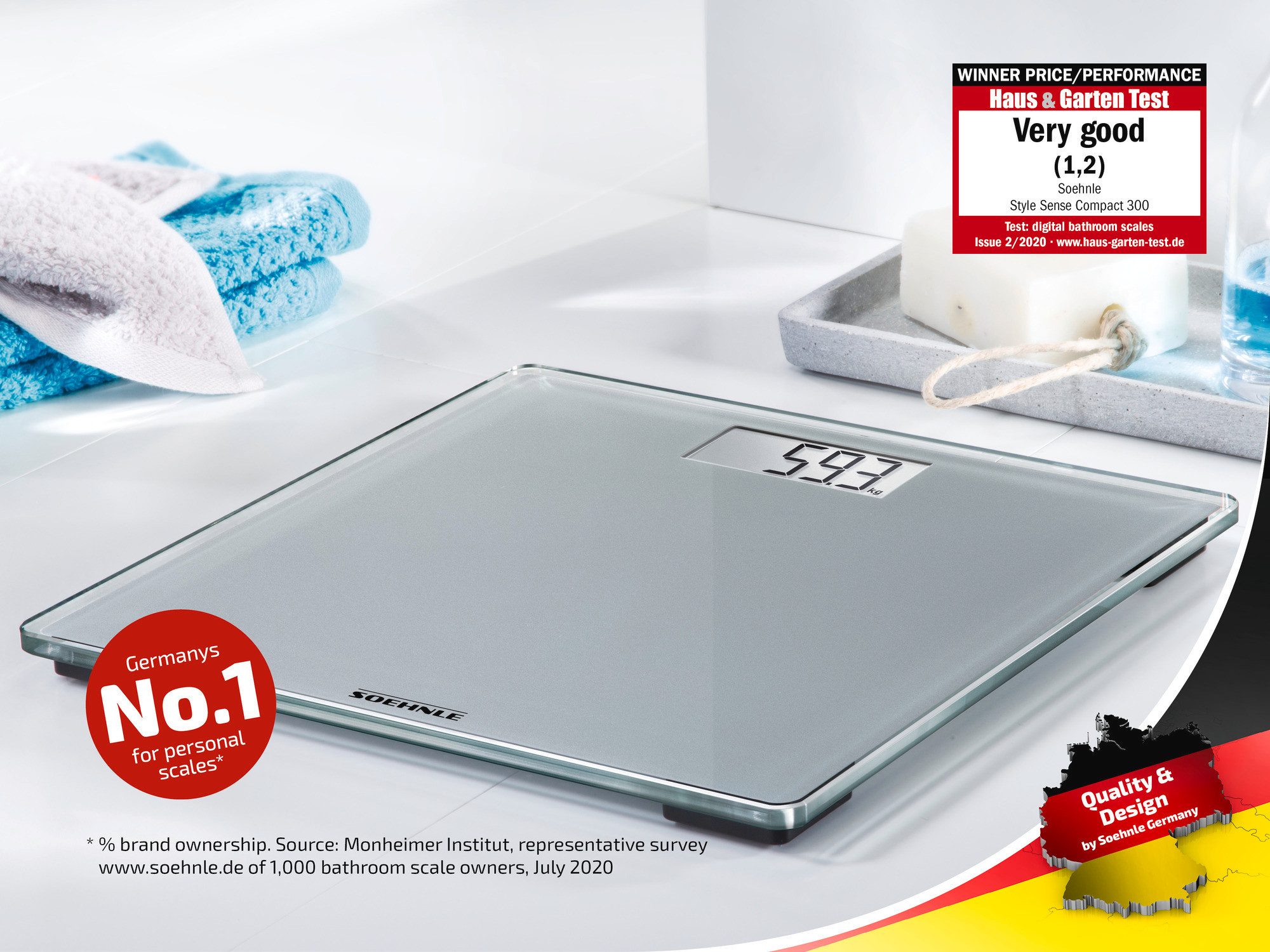 Soehnle Personenwaage Style Sense Compact 300, 1-tlg., LCD-Anzeige, flaches Design, bis 180kg, kg/lb/st, inkl. Batterien