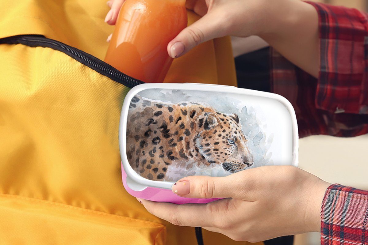 Aquarell - Leopard MuchoWow Brotbox Erwachsene, - Mädchen, Kunststoff, Brotdose für Snackbox, Kunststoff (2-tlg), Kinder, Blau, Lunchbox rosa