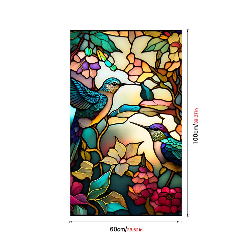 GarveeMore Fenstersticker PVC-Farbglas Glas Fensterfolie Aufkleber Nicht klebend Abnehmbar Bunt, 45/60*100cm Floral Retro Bunte Kolibri Blume Glasmalerei Fenster Film