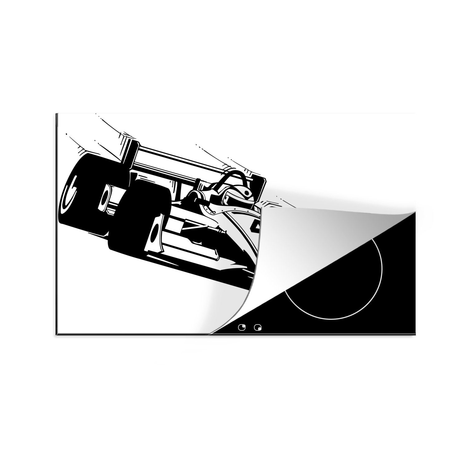 die Rennwagens 81x52 für Piste, tlg), Schwarz-Weiß-Illustration küche, eines auf Schutz MuchoWow Vinyl, Ceranfeldabdeckung einer Induktionskochfeld Herdblende-/Abdeckplatte cm, (1