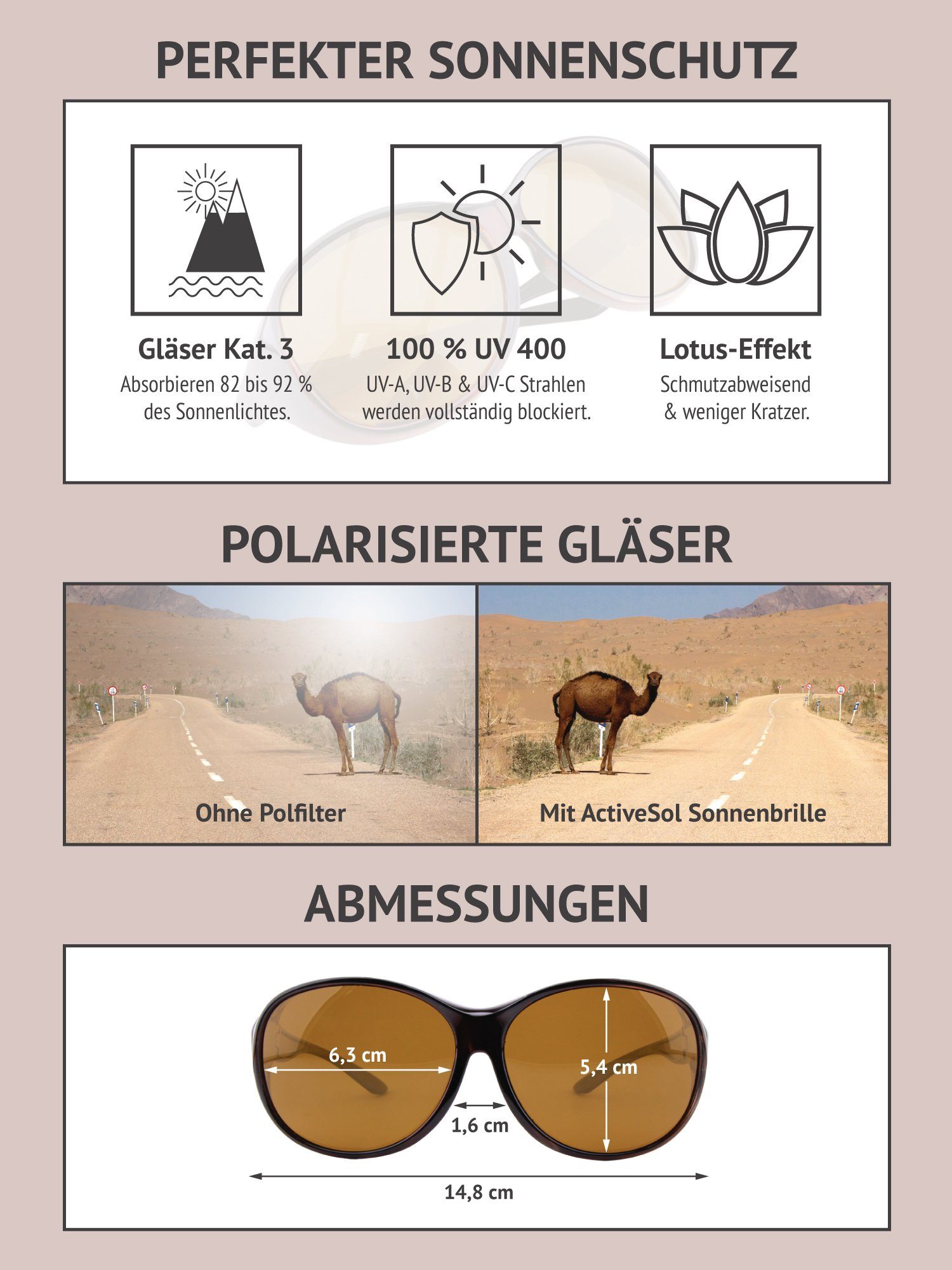 ActiveSol Sonnenbrille Überziehsonnenbrille Damen MEGA (inklusive Schiebebox und Brillenputztuch) Vintage Stil