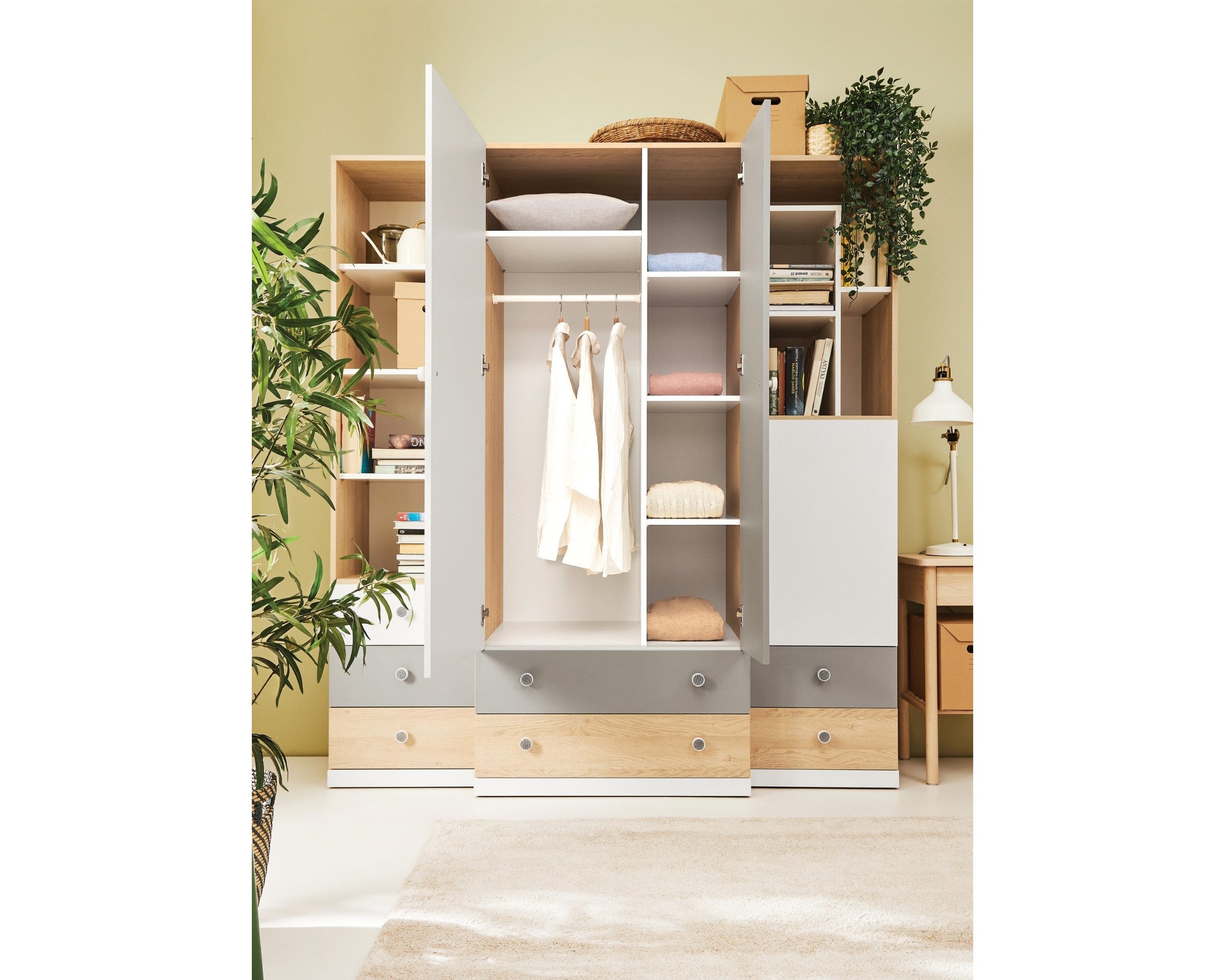 Deine Möbel 24 Kinderkleiderschrank POKO 03 80 / 190 / 50 cm [B/H/T] in Biskuiteiche / Weiß Lux / Grau